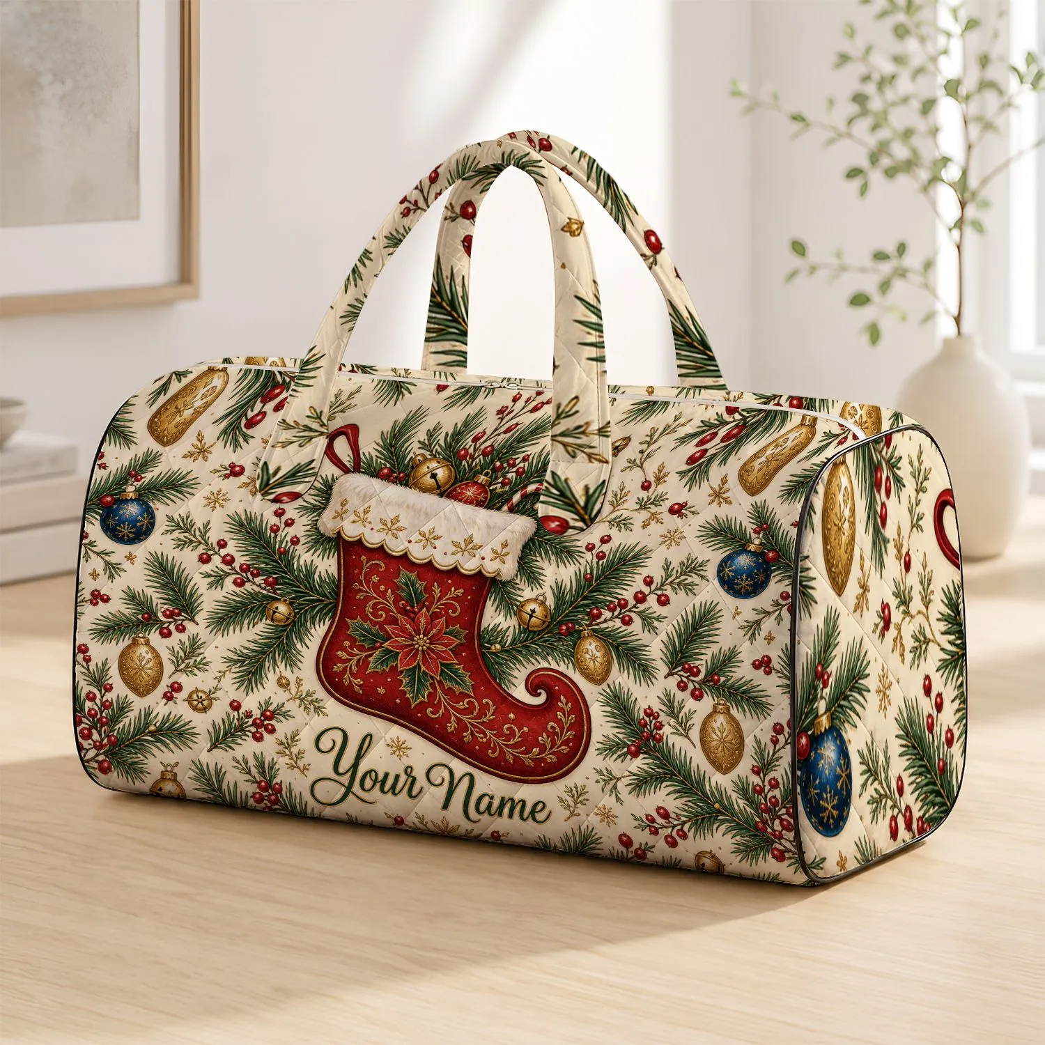 Red Christmas Stocking With Pine Boughs Festive Holiday Travel Gift for Women and Moms Quilted Weekend Bag - 1