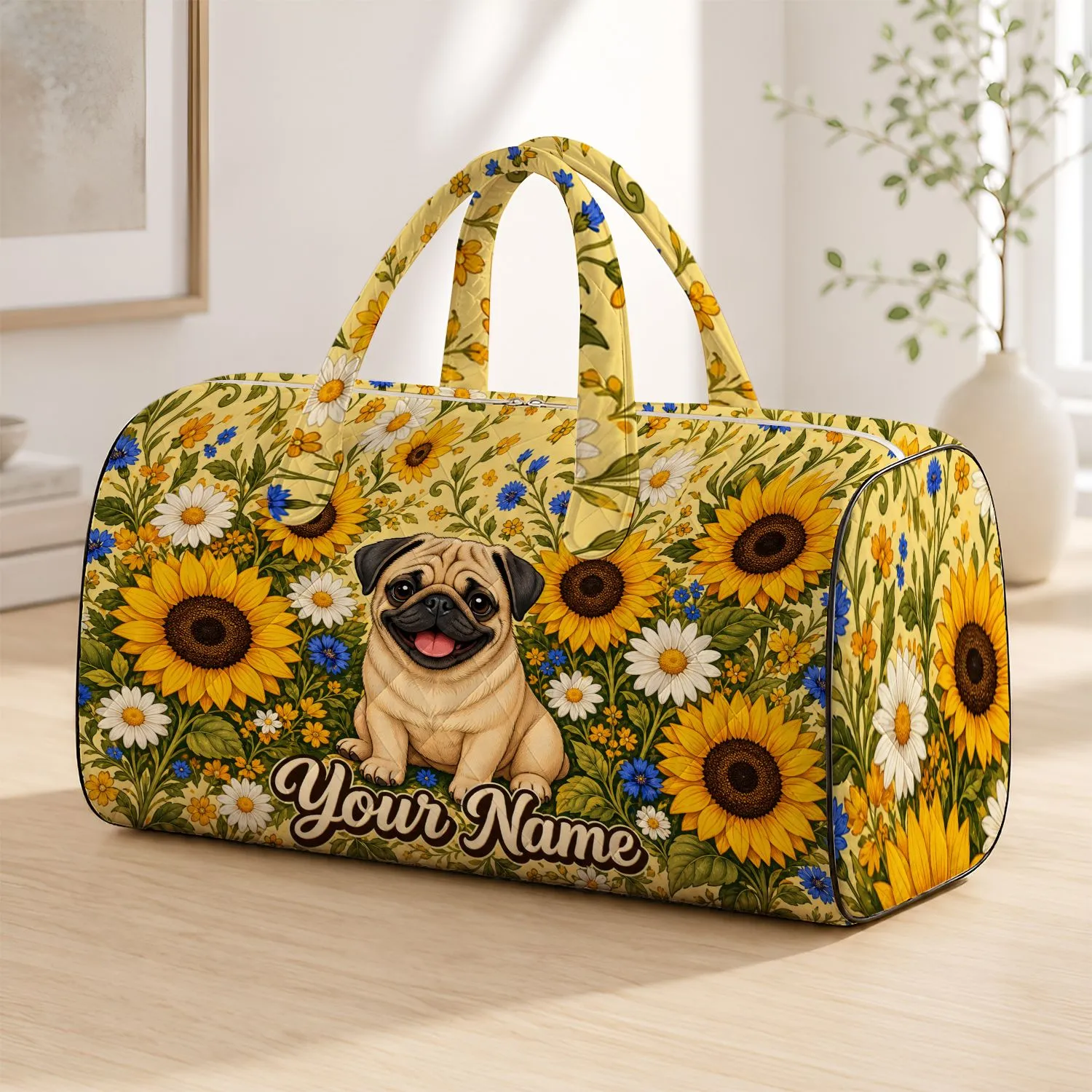 Smiling Pug With Sunflowers And Daisies For Cheerful Travel Getaways And Dog Lovers Quilted Weekend Bag - 1