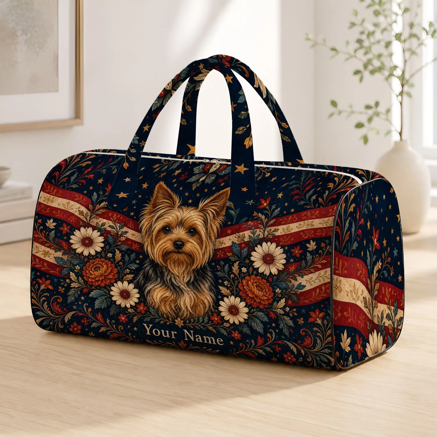 Yorkshire Terrier Americana Florals For Dog Lovers Travel And Overnight Road Trips Quilted Weekend Bag - 1