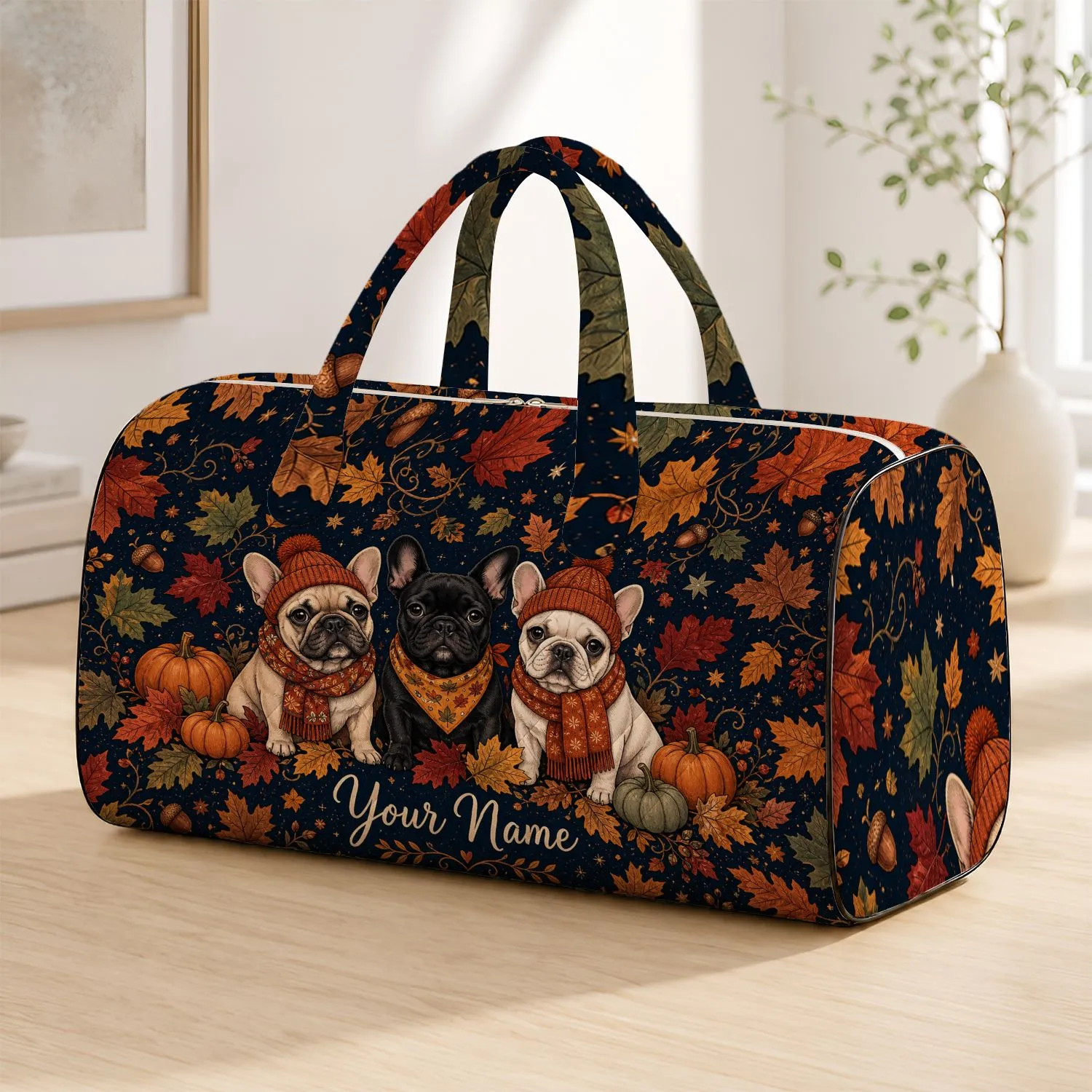 Three French Bulldogs With Autumn Leaves And Pumpkins For Fall Travel Dog Lovers Quilted Weekend Bag - 1