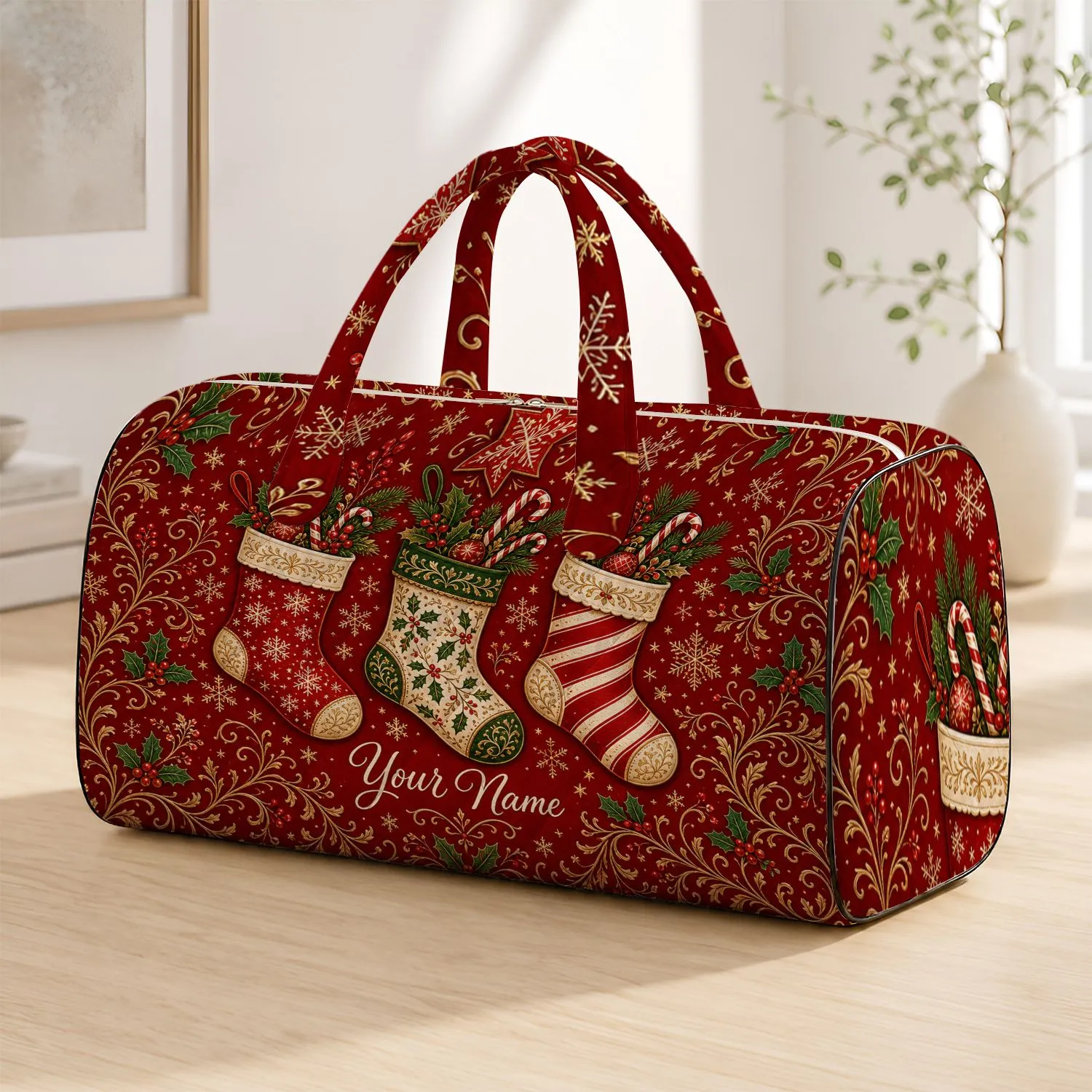 Three Christmas Stockings With Holly For Festive Travel And Seasonal Holiday Gift Giving Quilted Weekend Bag - 1