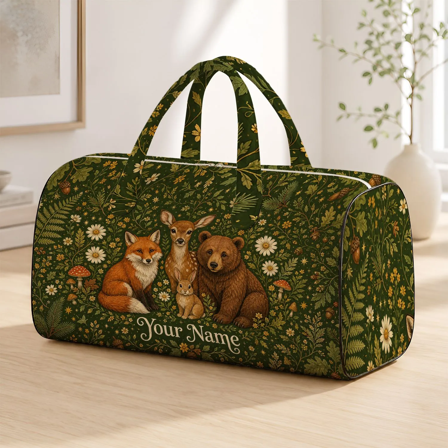 Woodland Fox Deer Bear Rabbit Meadow Getaway Companion for Nature Wildlife Enthusiasts Quilted Weekend Bag - 1