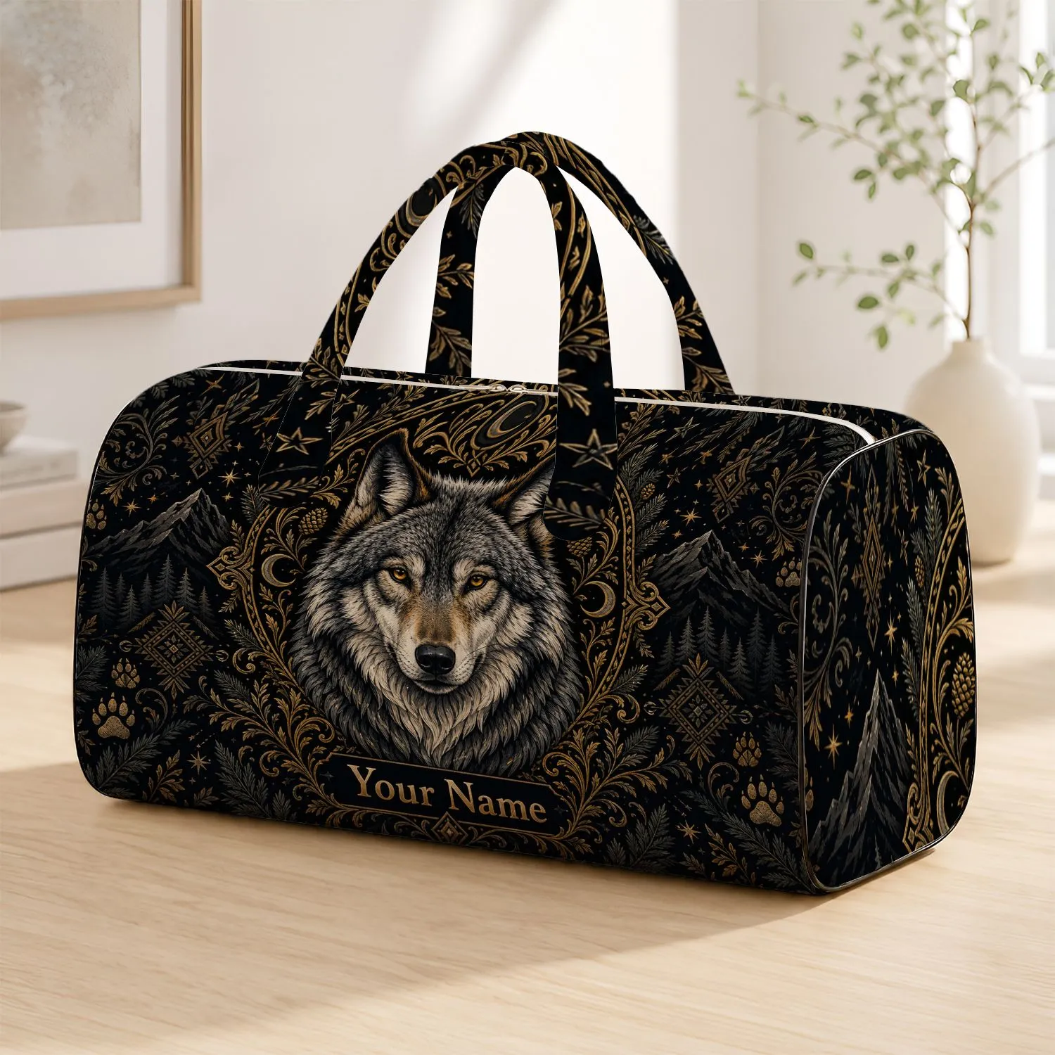 Majestic Gray Wolf With Gold Filigree For Wilderness Travel And Outdoor Adventure Quilted Weekend Bag - 1