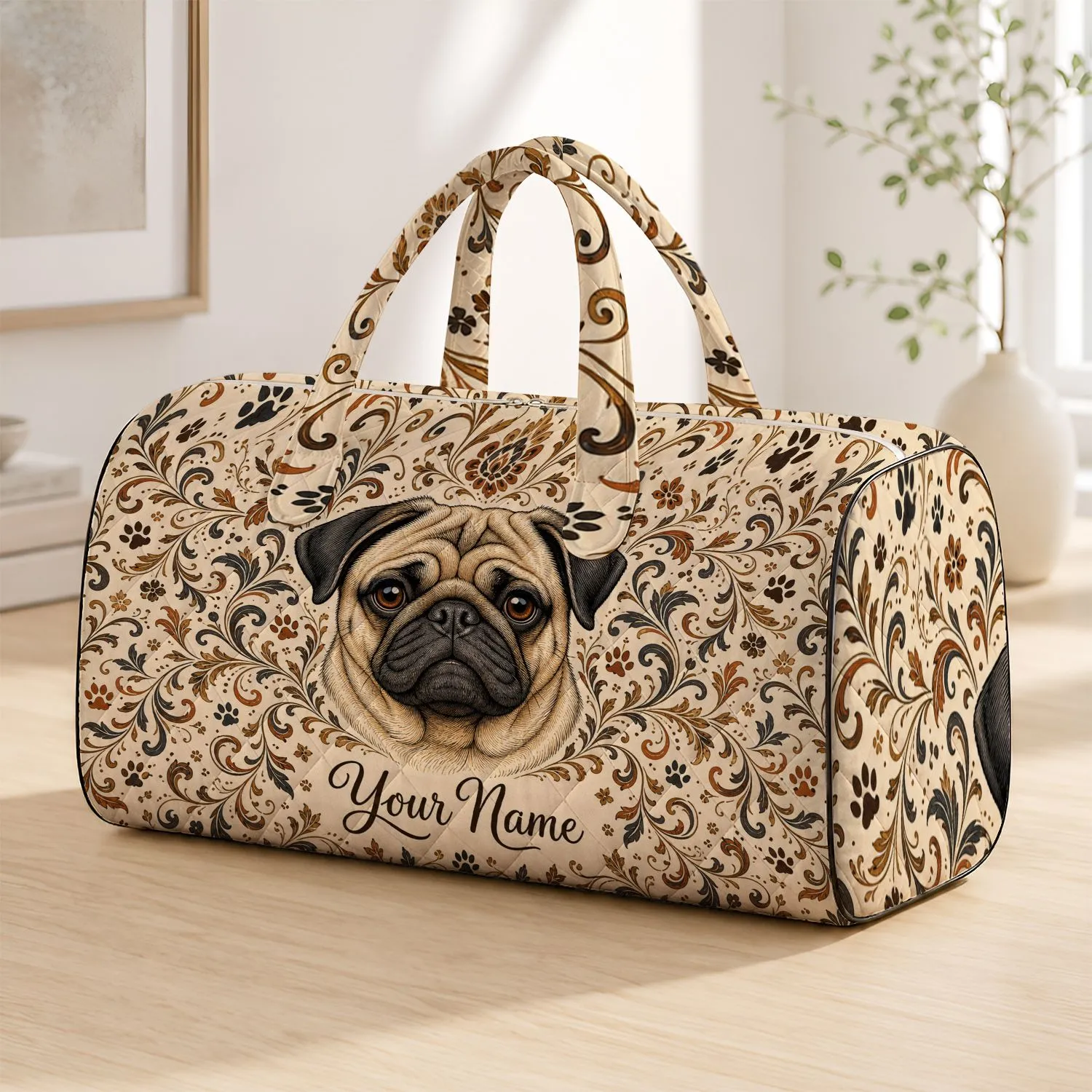 Fawn Pug With Boho Vines And Paw Motifs For Travel Gym Picnics And Everyday Dog Lovers Quilted Weekend Bag - 1