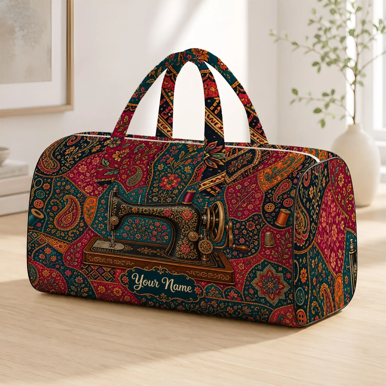 Vintage Sewing Machine Boho Patchwork Travel Gift for Quilters and Crafting Lovers Quilted Weekend Bag - 1