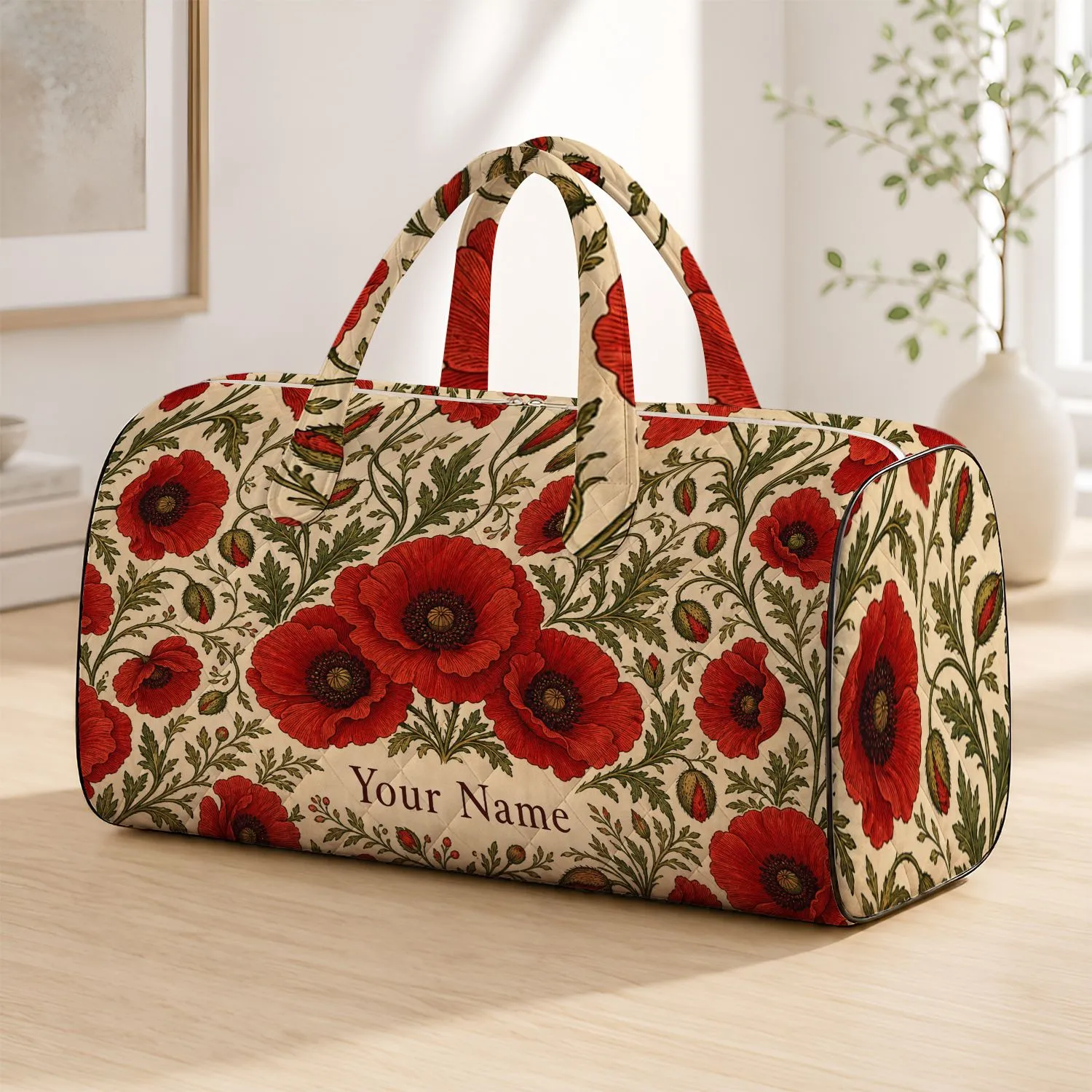 Scarlet Poppy Botanical Travel Essential For Garden Lovers With Vintage Heritage Style Quilted Weekend Bag - 1