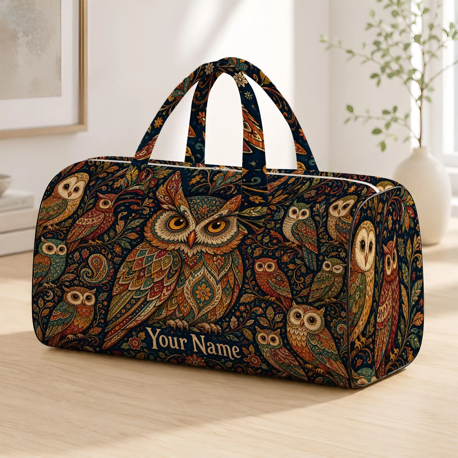 Bohemian Owl Sanctuary For Overnight Travel And Festival Adventures With Your Name Quilted Weekend Bag - 1
