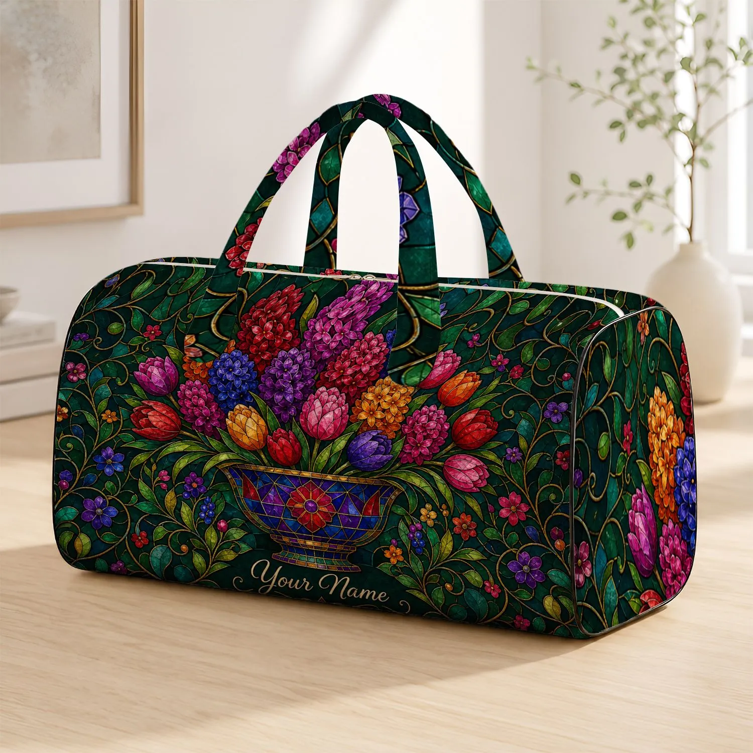 Stained Glass Tulip Hyacinth Garden Overnight Travel Gift For Moms And Garden Lovers Quilted Weekend Bag - 1
