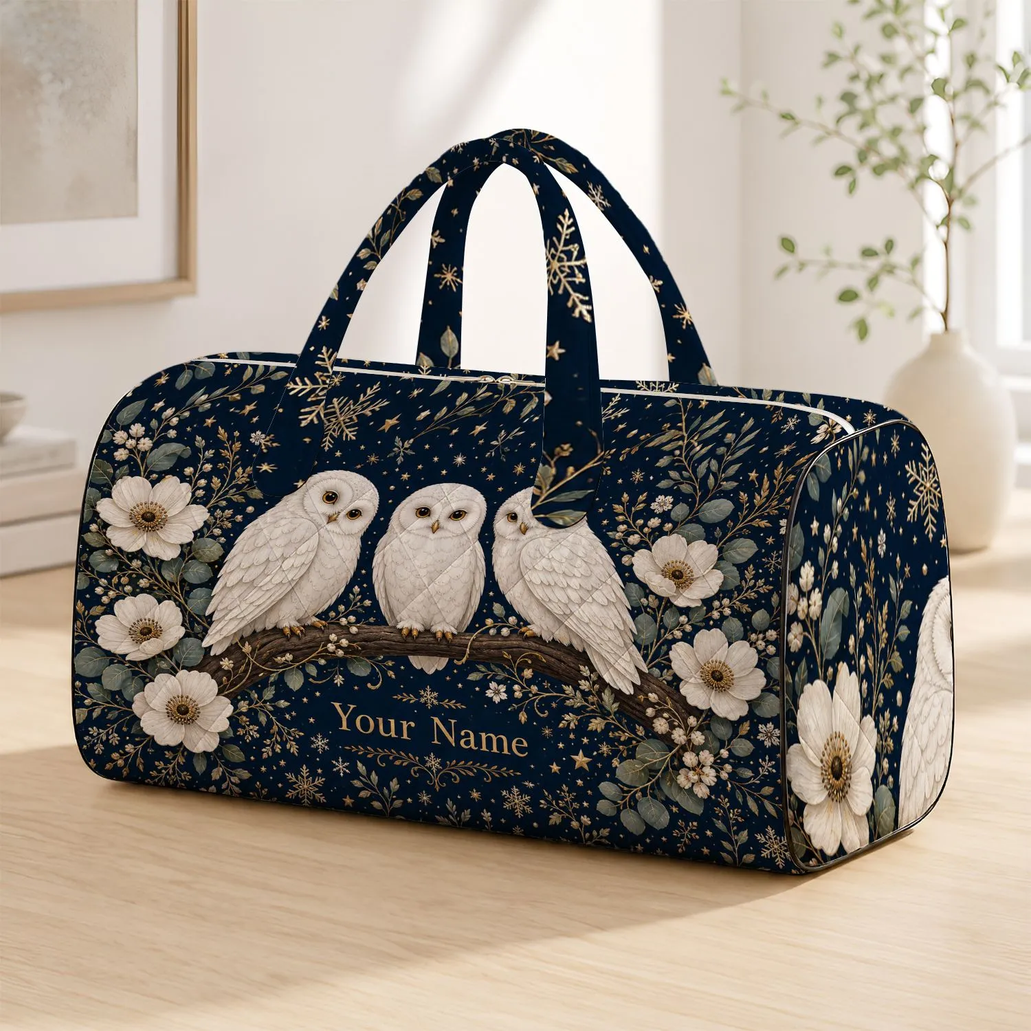 Snowy White Owls On Navy Winter Florals For Christmas Travel And Overnight Stays Quilted Weekend Bag - 1
