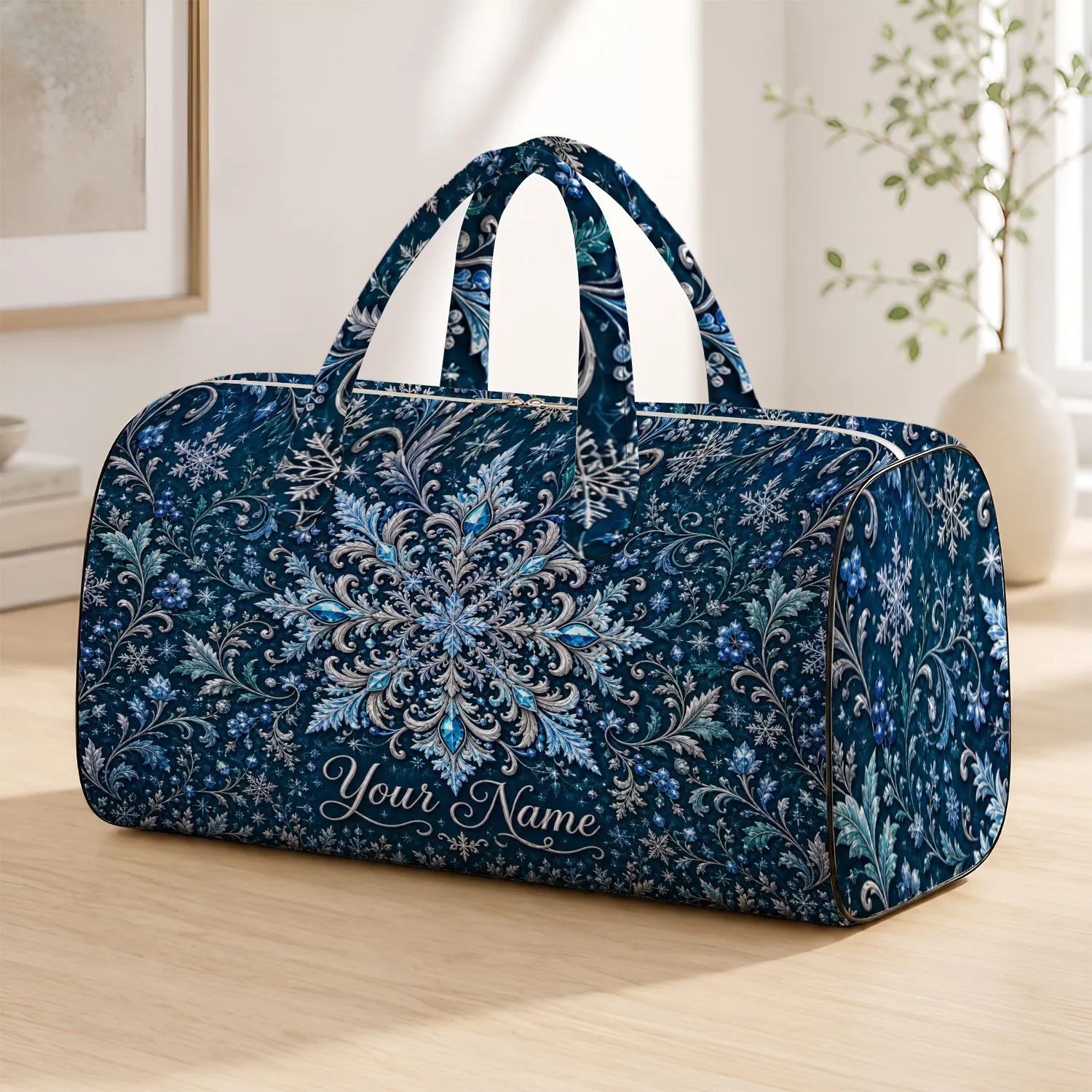 Icy Blue Snowflake Medallion For Christmas Travel, Winter Getaways And Gift Giving Quilted Weekend Bag - 1