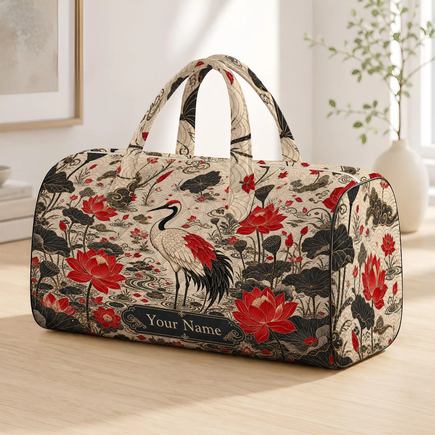 Red-Crowned Crane And Lotus Floral Travel Companion For Elegant Getaways And Daily Use Quilted Weekend Bag - 1