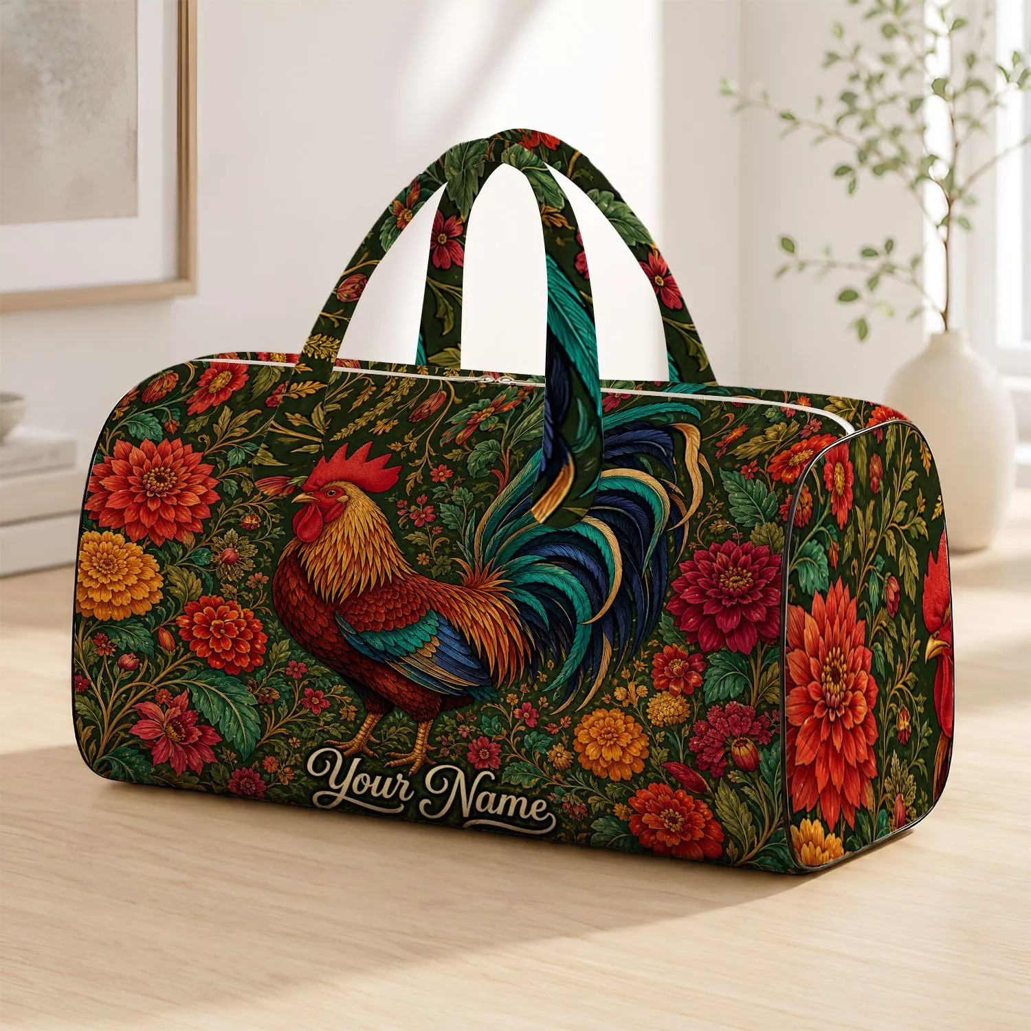 Colorful Rooster Cottage Garden Floral For Farmhouse Travel And Gift Giving Lovers Quilted Weekend Bag - 1