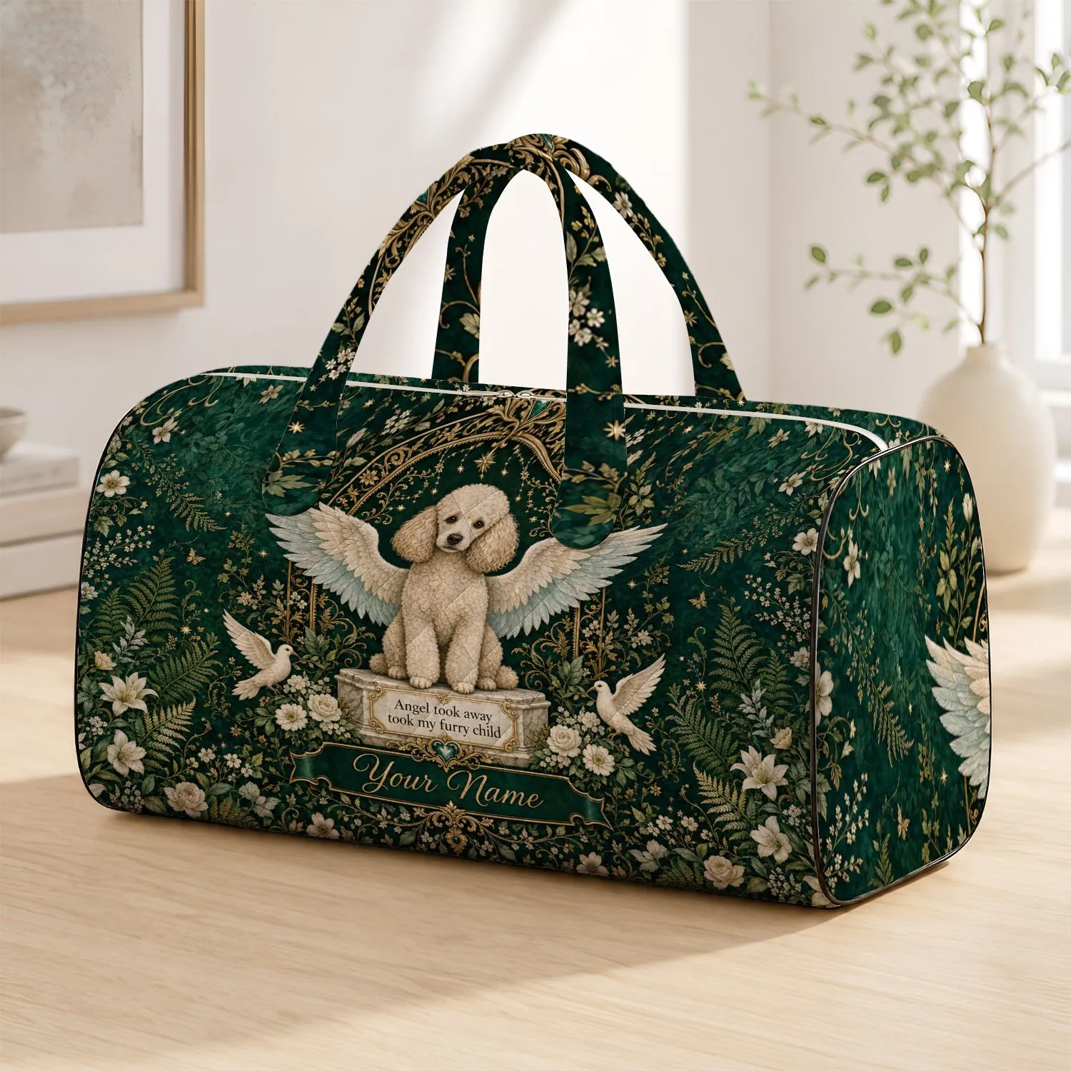 Angel Poodle Memorial Garden Tribute With Dove And Floral Halo For Pet Loss Gifts Quilted Weekend Bag - 1