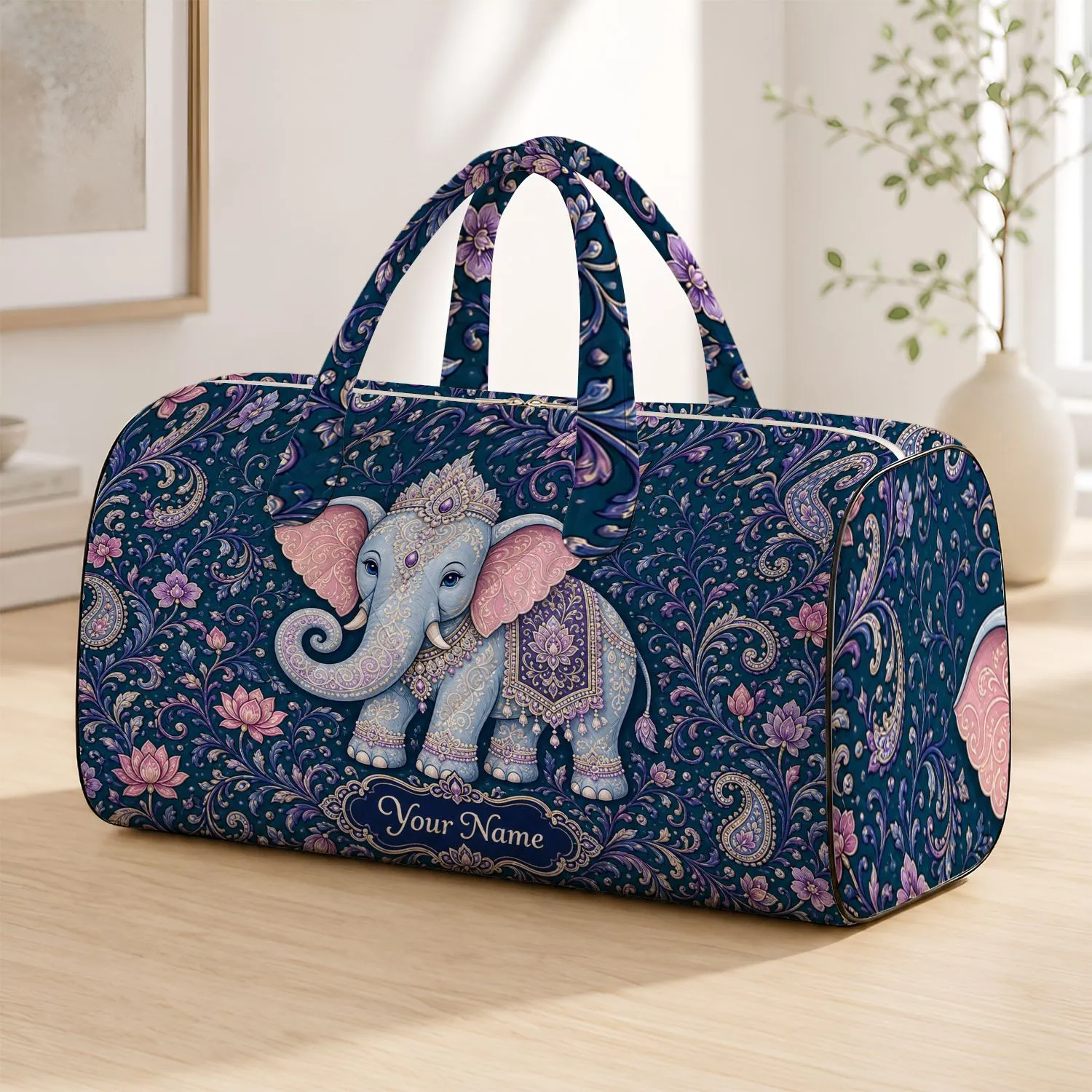 Ornate Blue Elephant Floral Travel Companion for Getaways, Bridesmaids, Gifts and Trips Quilted Weekend Bag - 1