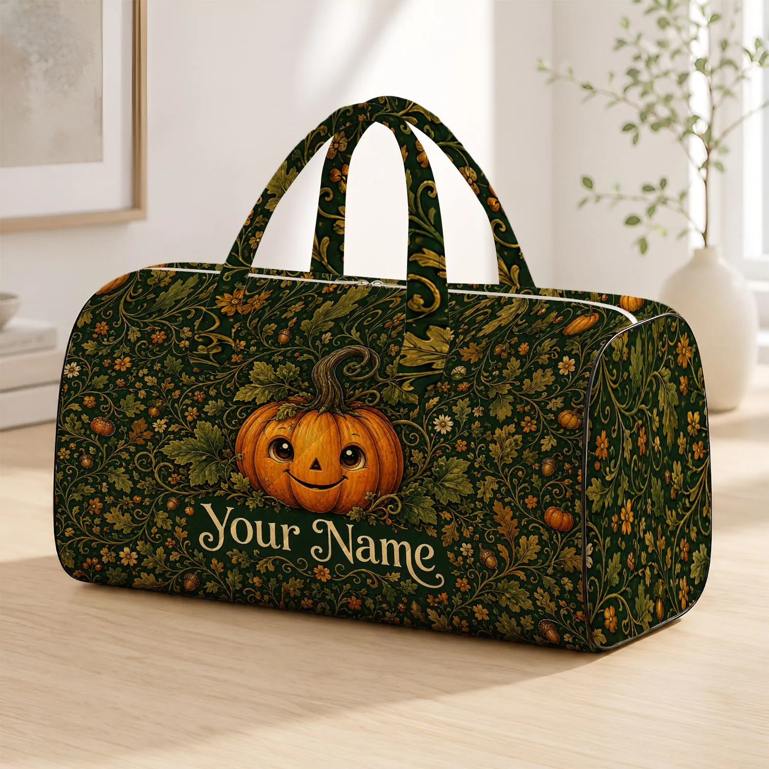 Smiling Pumpkin With Garden Vines For Autumn Getaways And Fall Travel Lovers Gift Quilted Weekend Bag - 1