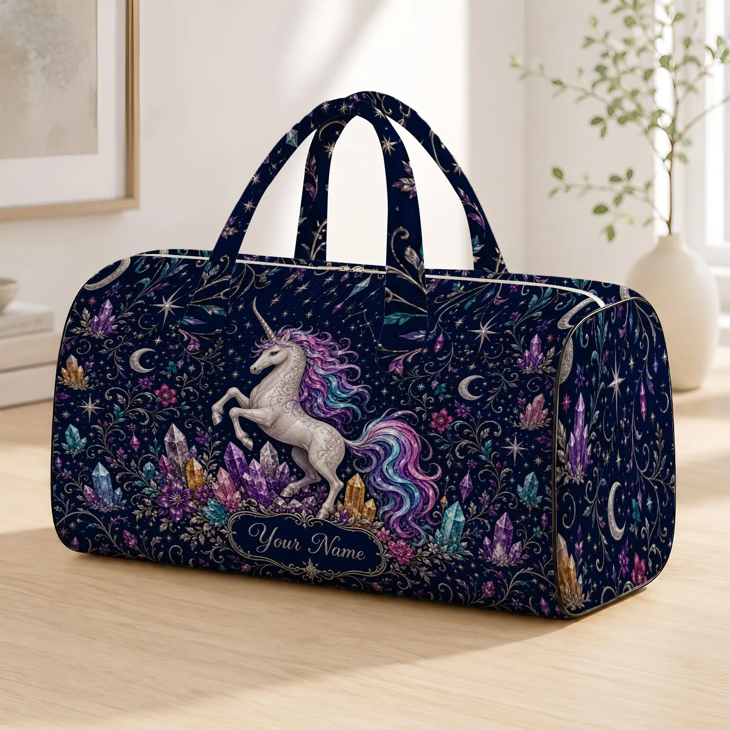 Ivory Unicorn Crystal Garden Celestial Travel Accessory Gift For Fantasy Art Lovers Quilted Weekend Bag - 1