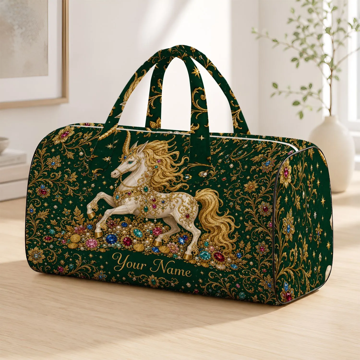 Emerald Unicorn With Jewel Treasure For Fantasy Getaways And Weekend Adventure Trips Quilted Weekend Bag - 1
