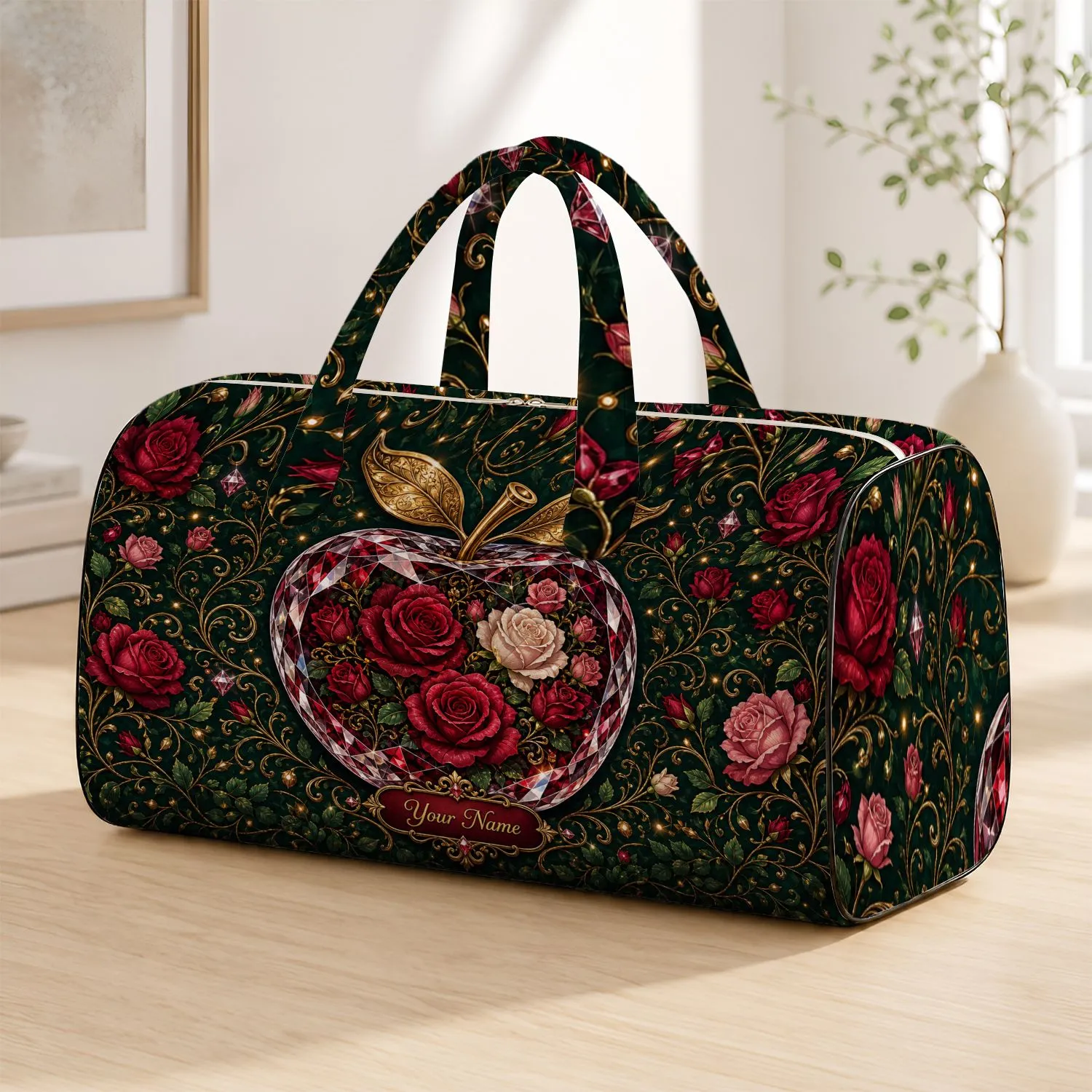 Ruby Crystal Apple With Red Roses For Valentine Travel And Romantic Weekend Getaways Quilted Weekend Bag - 1
