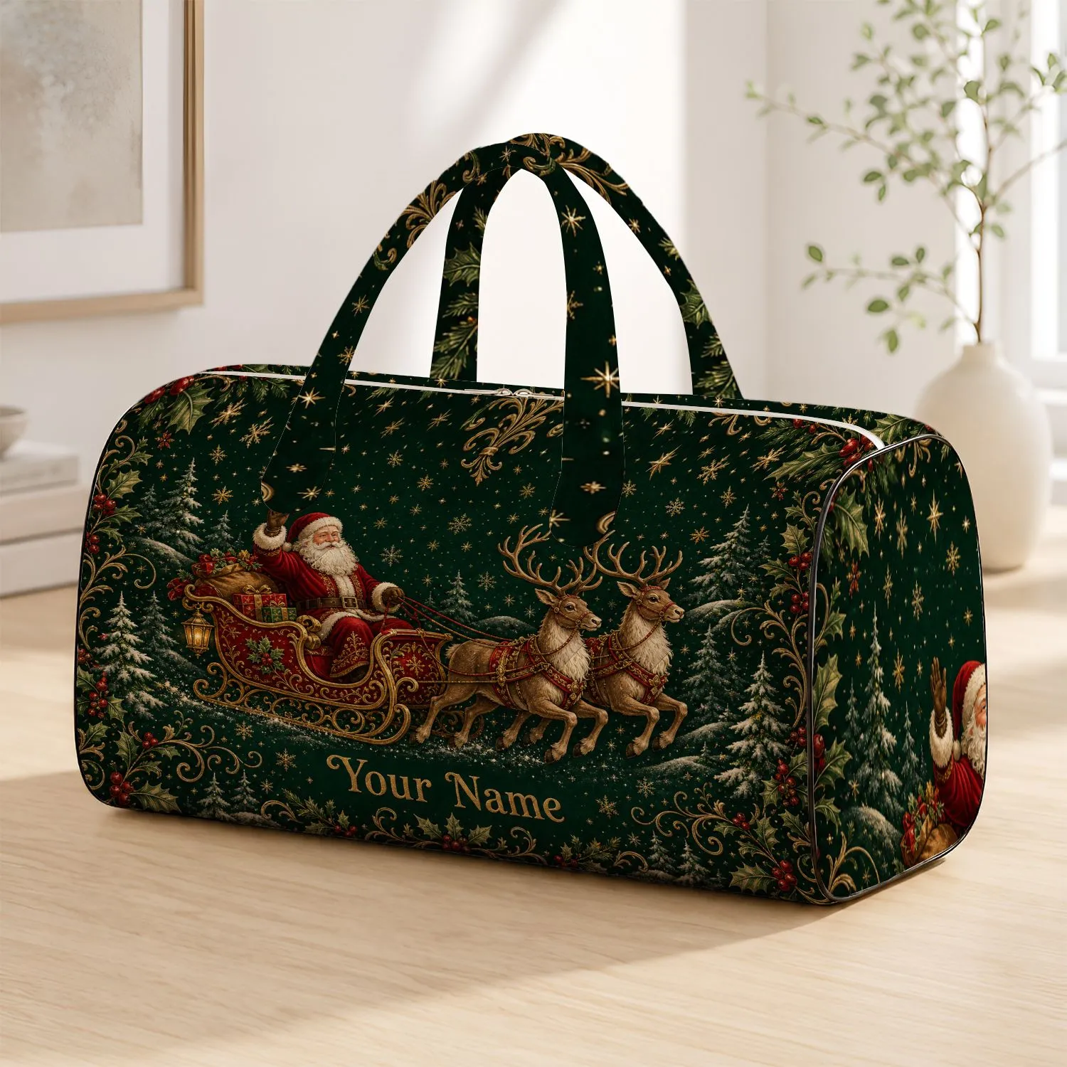 Santa Sleigh Reindeer Christmas Travel Gift for Holiday Trips and Winter Getaways Quilted Weekend Bag - 1