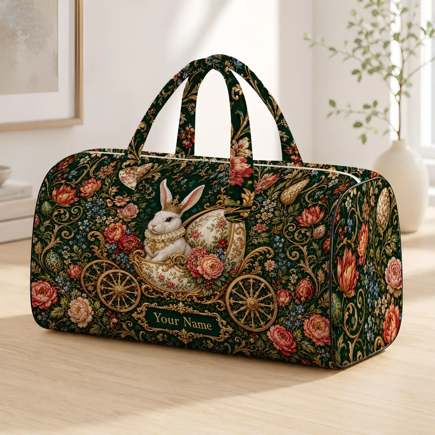 Crowned White Rabbit In Gold Floral Carriage For Easter Travel And Spring Getaways Quilted Weekend Bag - 1