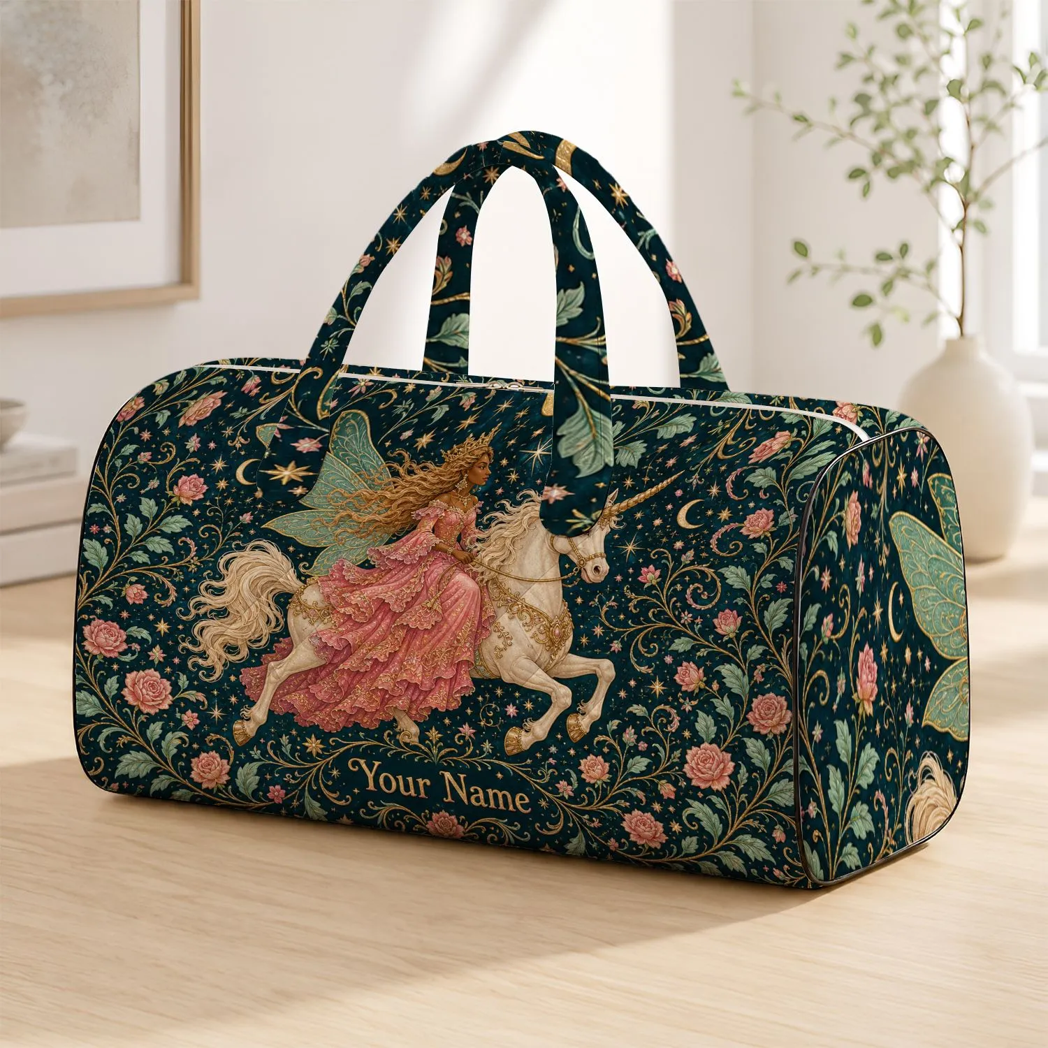 Fairy Queen Riding Ivory Unicorn for Bridal Getaways and Enchanted Travel Lovers Quilted Weekend Bag - 1