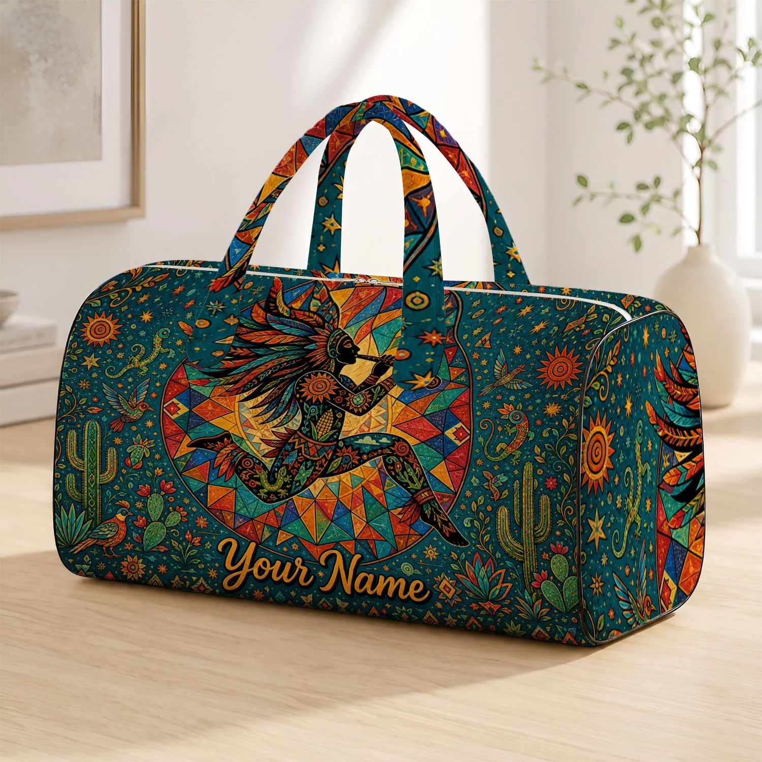 Southwestern Desert Flute Dancer With Mosaic Halo For Travel And Festival Style Fans Quilted Weekend Bag - 1