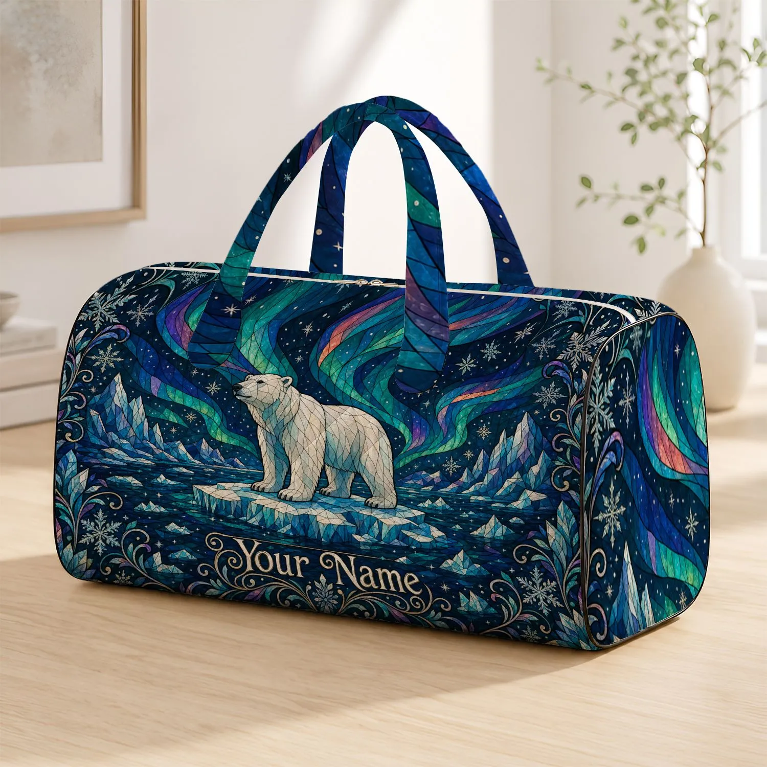 Stained Glass Polar Bear Under Aurora Northern Lights Travel Gift For Winter Lovers Quilted Weekend Bag - 1