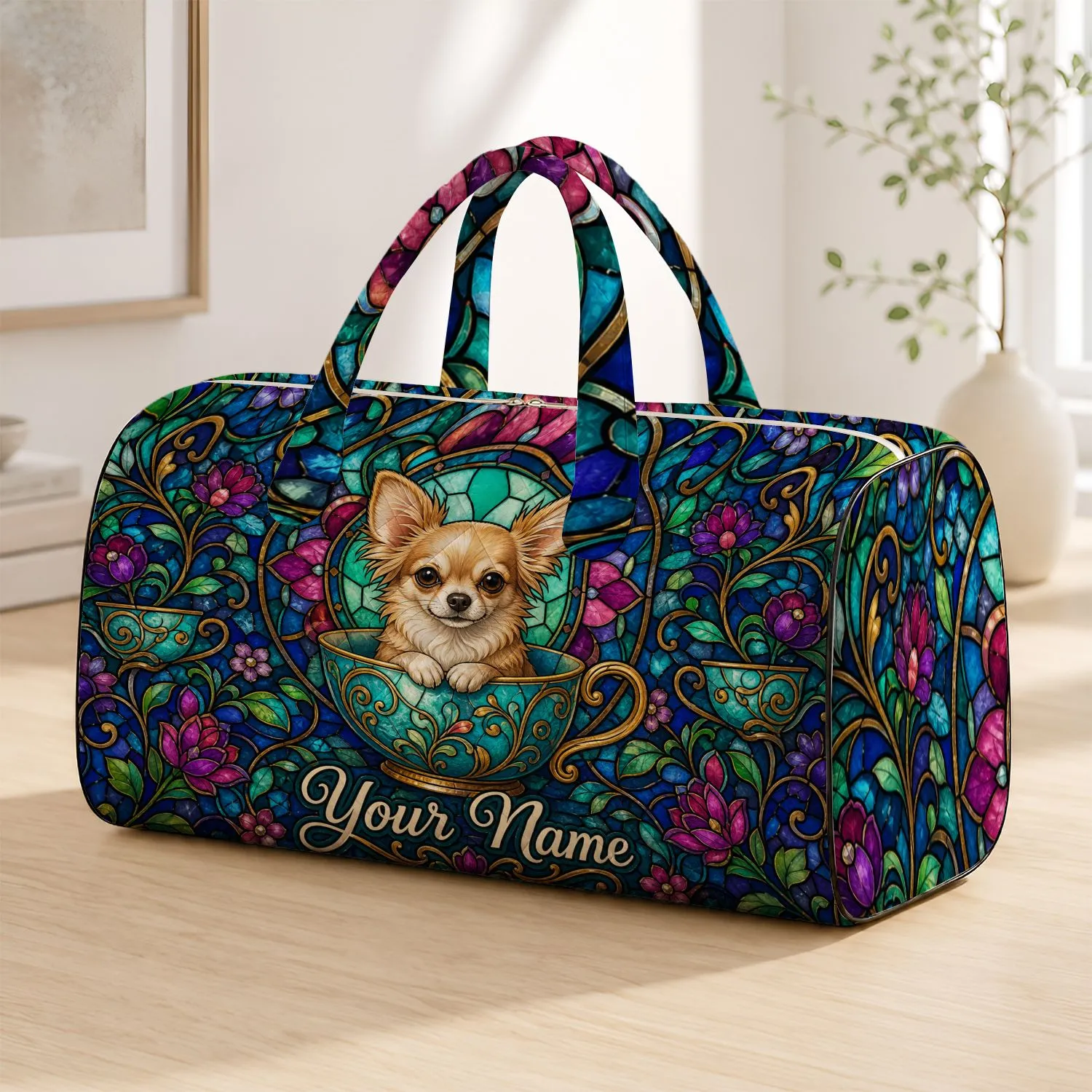 Stained Glass Long Eared Chihuahua In Teacup For Travel Trips And Dog Lover Gifts Quilted Weekend Bag - 1
