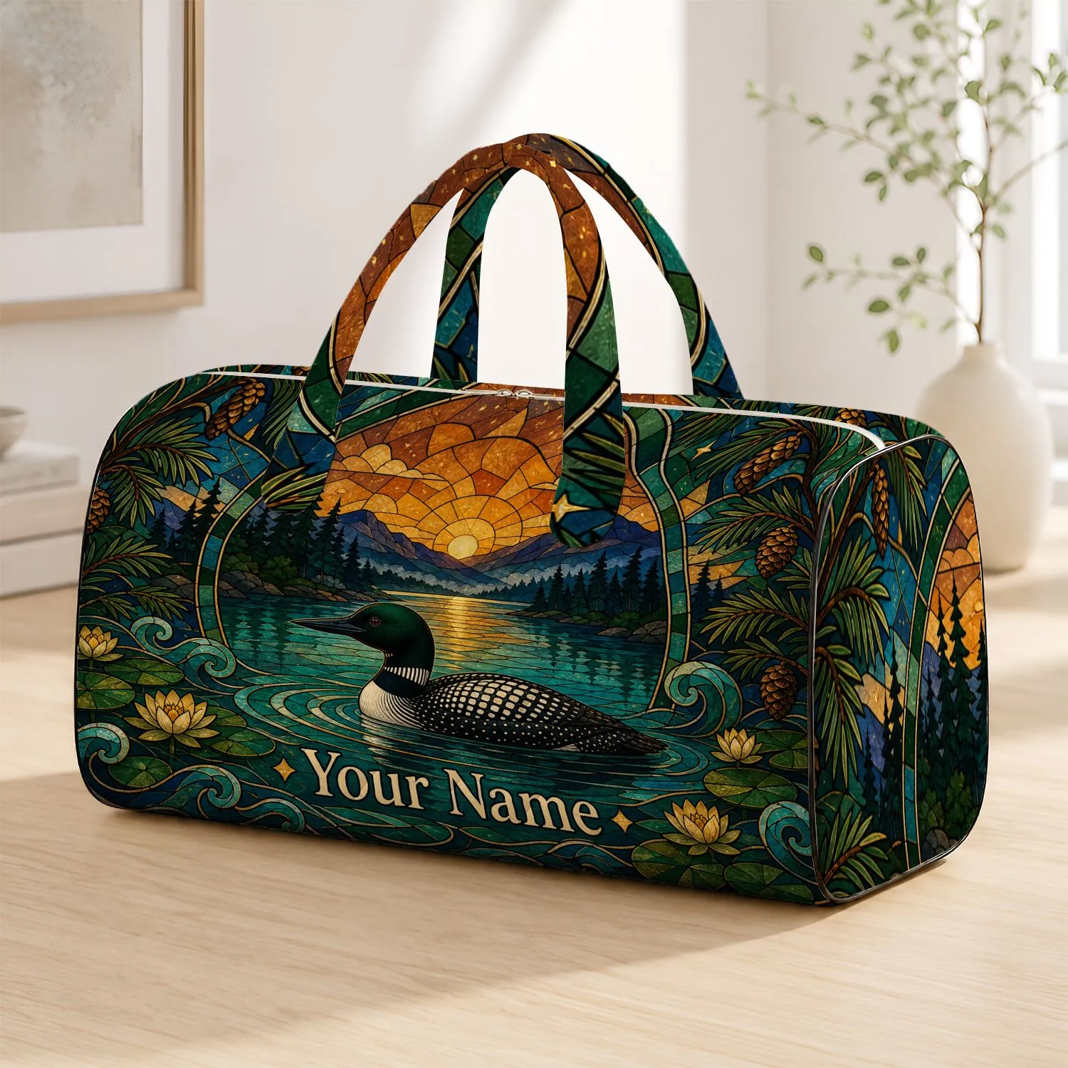 Stained Glass Loon Mountain Lake Sunset Getaway Gift For Birdwatchers And Campers Quilted Weekend Bag - 1