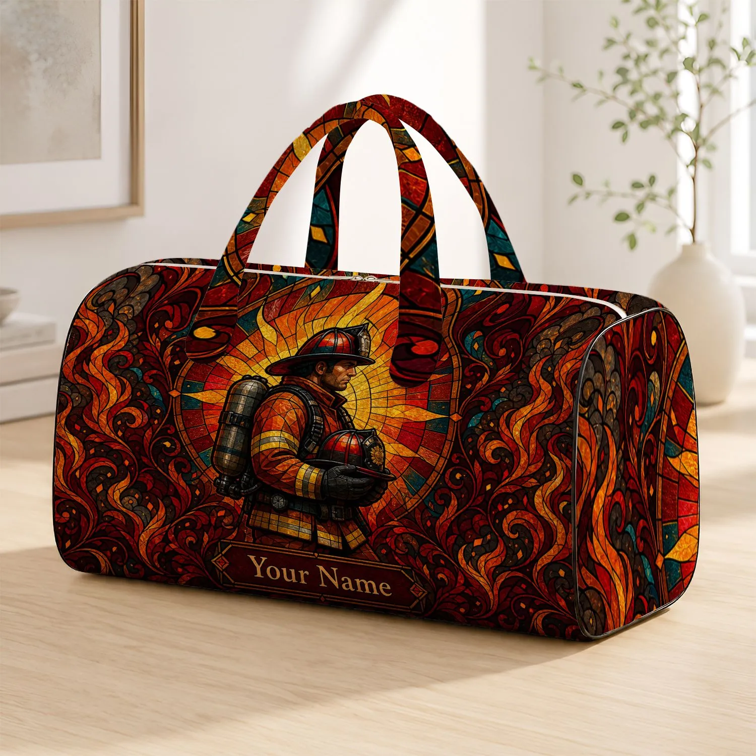 Stained Glass Firefighter With Name Tribute Gift For Firefighters And Fire Station Decor Quilted Weekend Bag - 1