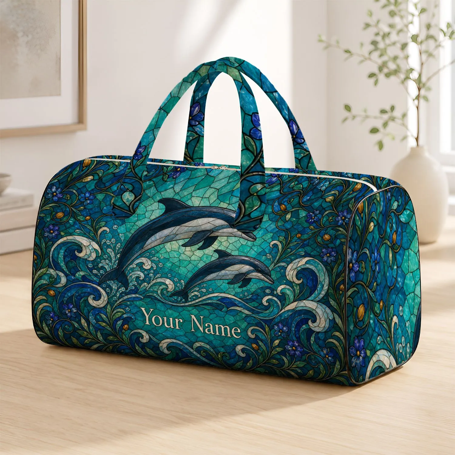 Stained Glass Dolphins Leaping Through Waves for Coastal Getaways and Ocean Lovers Quilted Weekend Bag - 1