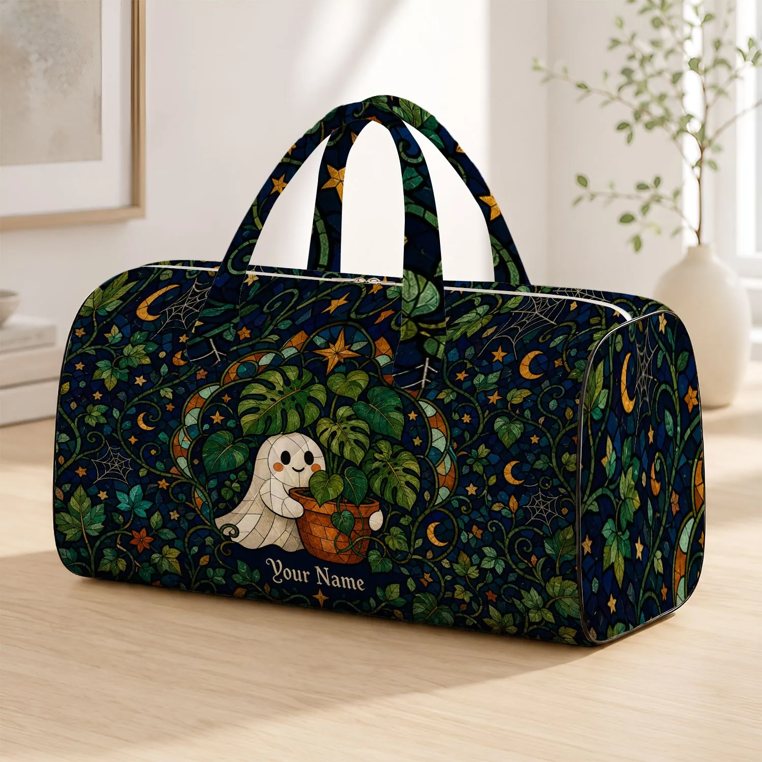 White Ghost Monstera Halloween Night Name Gift For Plant Lovers Quilted Weekend Bag - 1