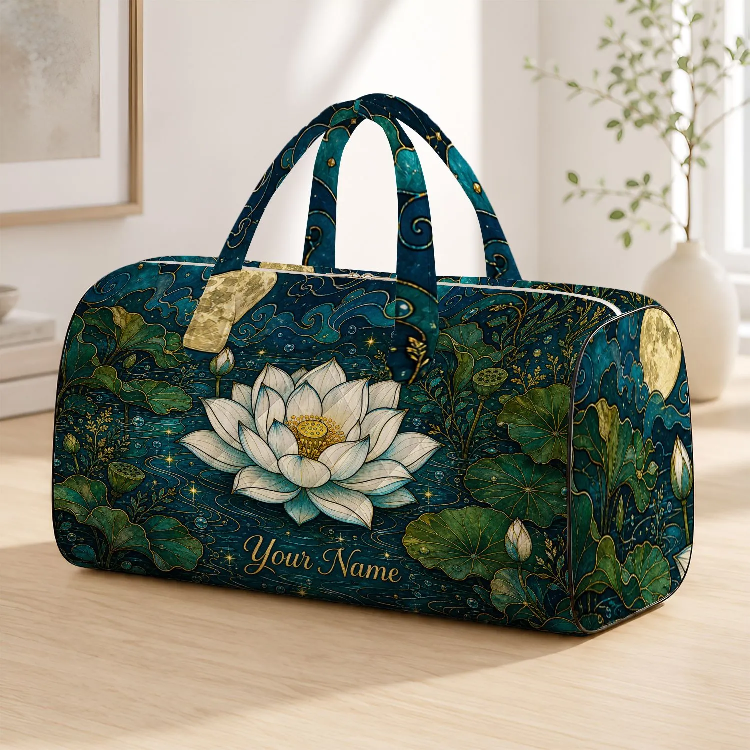 Moonlit White Lotus Pond For Weekend Getaways, Yoga Retreats, And Spa Lovers Everywhere Quilted Weekend Bag - 1