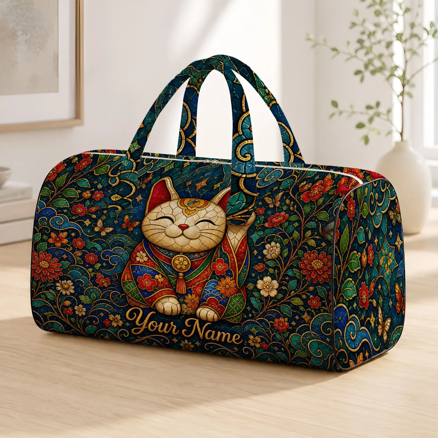Lucky Cat With Floral Mosaic For Travel, Getaways And Good Fortune Gift Lovers Quilted Weekend Bag - 1