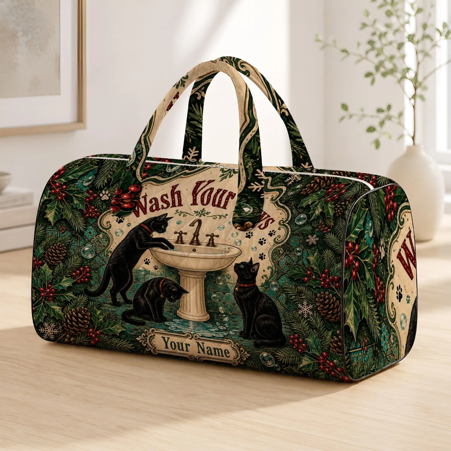 Vintage Black Cat Sink Wash Your Paws Christmas Travel Gift For Cat Lovers And Hosts Quilted Weekend Bag - 1