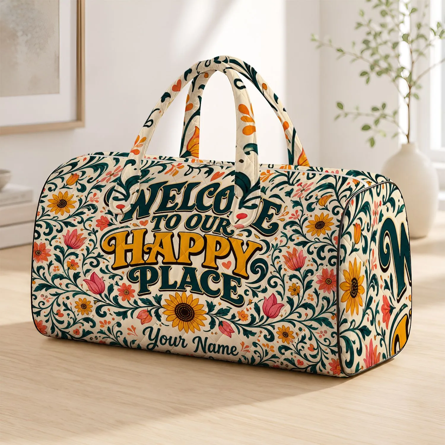 Retro Floral Happy Place Sunflower Garden For Housewarming Gifts And Weekend Travel Quilted Weekend Bag - 1