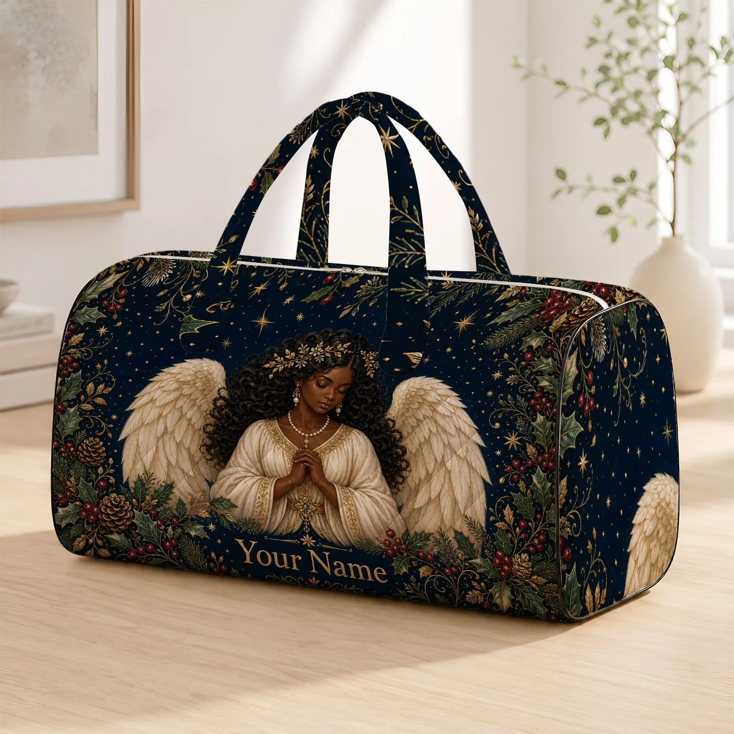 Black Guardian Angel Holly And Gold Wings For Christmas Travel, Retreats And Gift Giving Quilted Weekend Bag - 1