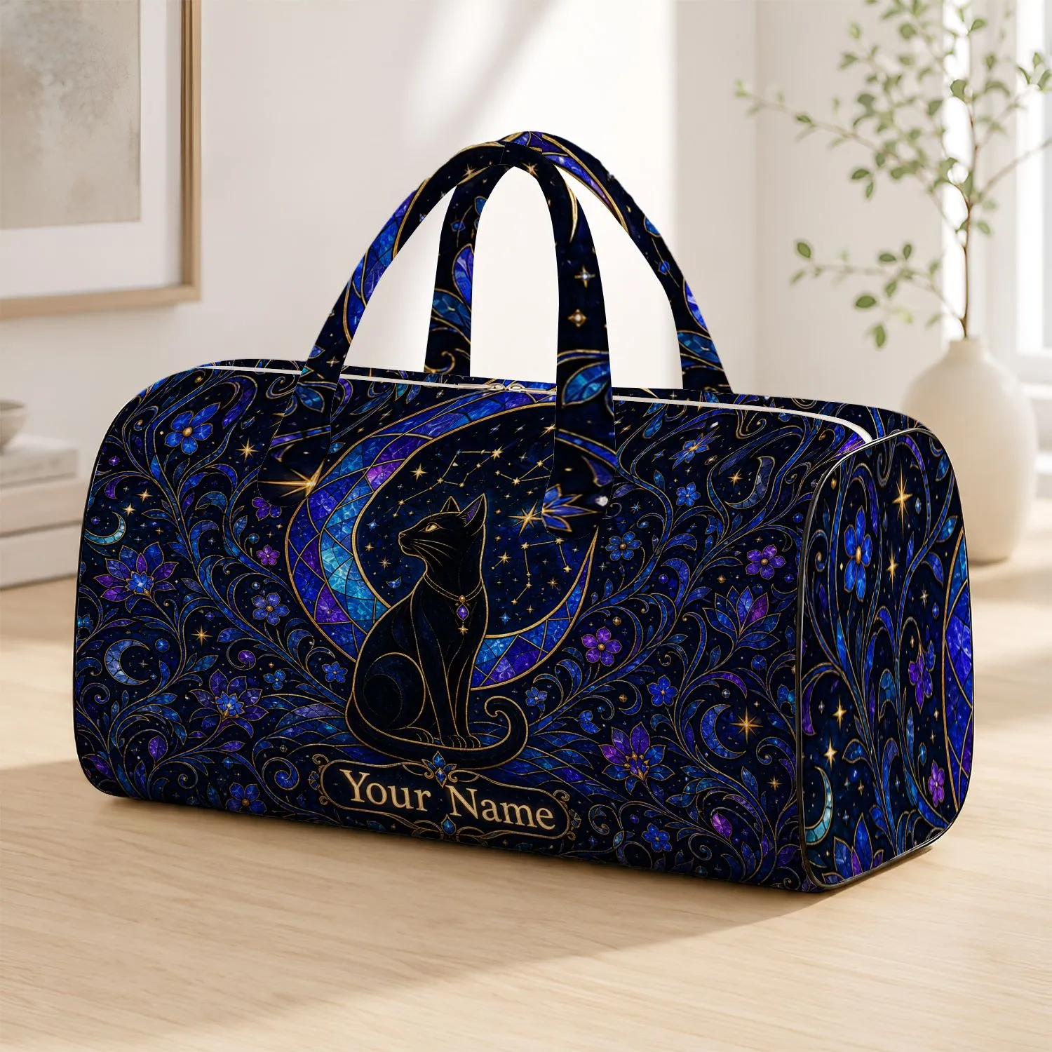 Midnight Black Cat Crescent Moon Celestial Travel Gift for Cat Lovers Quilted Weekend Bag - 1