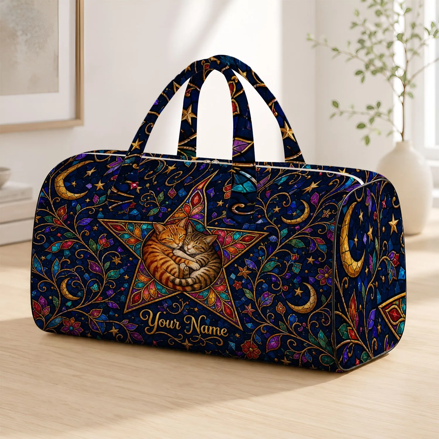 Sleeping Tabby Cats in Star for Overnight Travel and Cat Lover Gift Idea Quilted Weekend Bag - 1