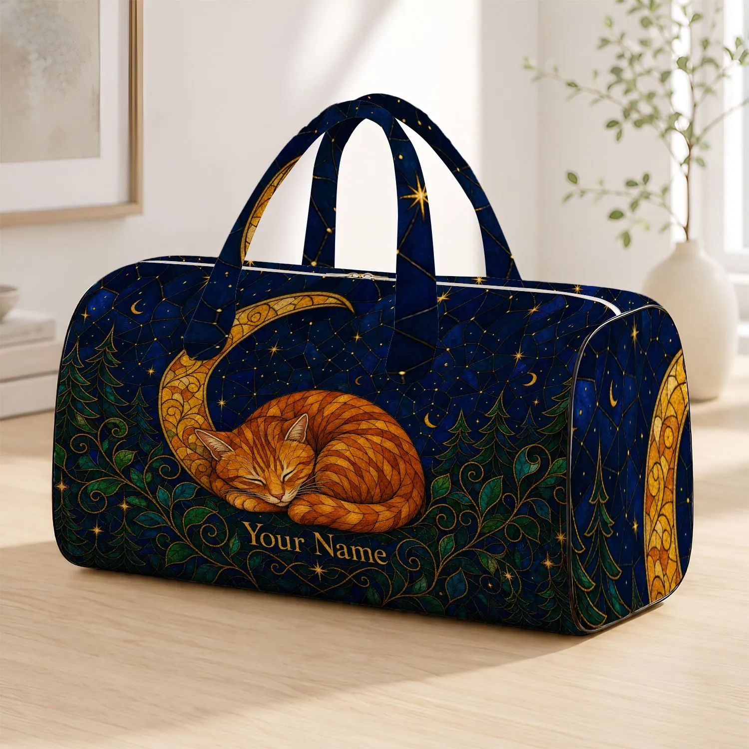 Sleeping Ginger Cat Crescent Moon Overnight Travel Gift For Cat Lovers Quilted Weekend Bag - 1