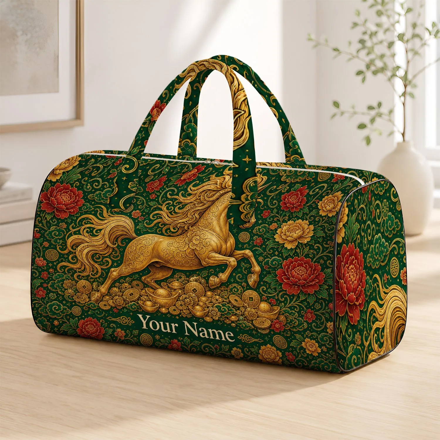 Golden Galloping Horse Lucky Coin Emerald Prosperity Gift for Lunar New Year Celebrations Quilted Weekend Bag - 1
