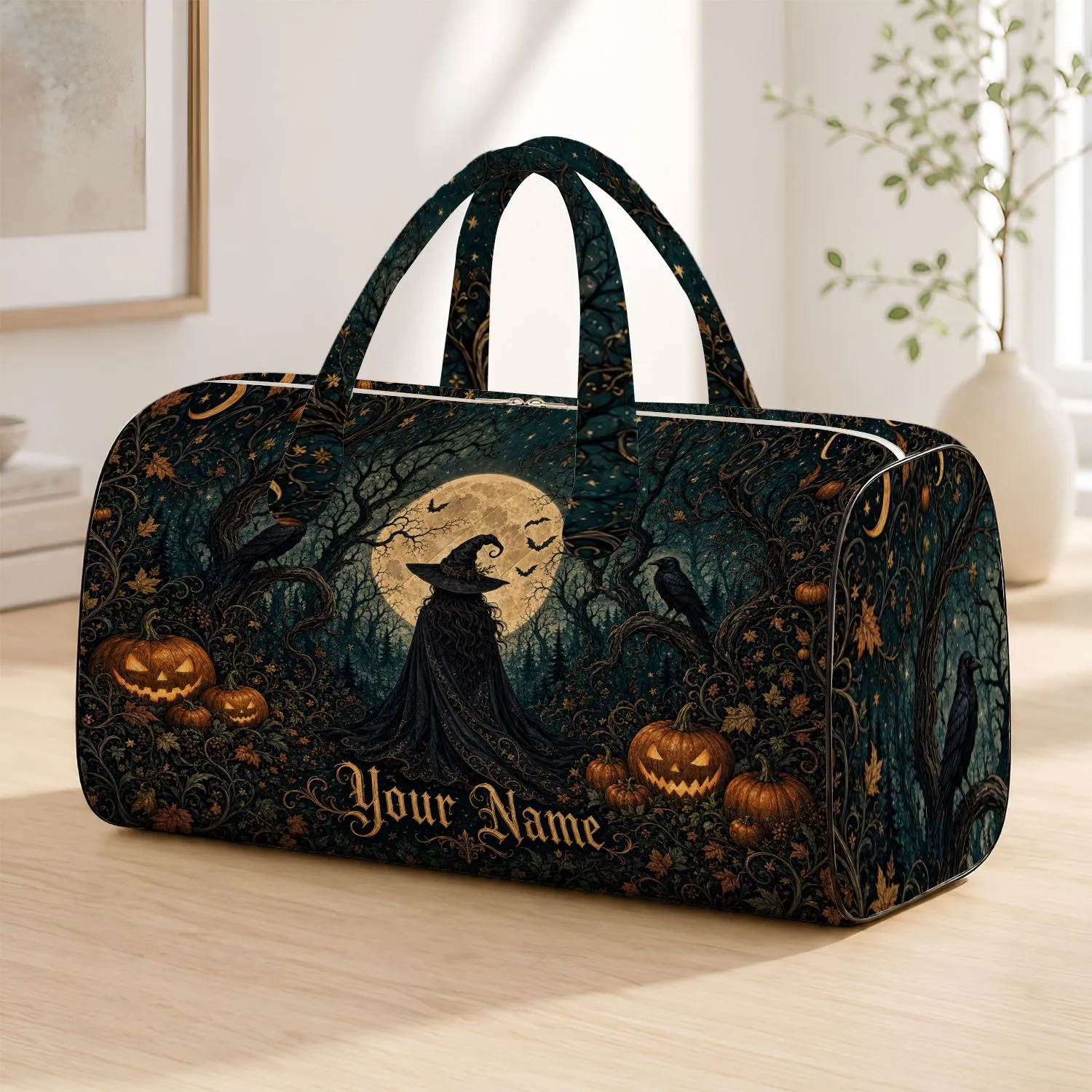 Gothic Witch Moon Ravens Pumpkins Halloween Travel Accessory For Spooky Autumn Getaways Quilted Weekend Bag - 1