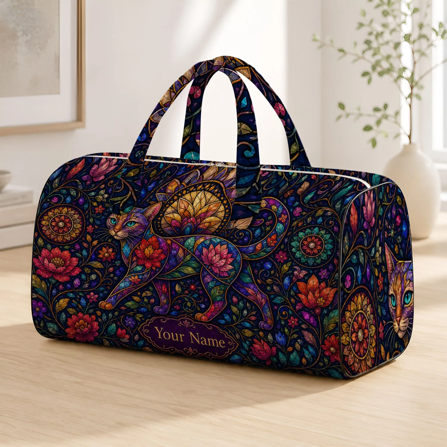 Colorful Floral Cat Travel Gift For Boho Cat Lovers And Weekend Getaways Quilted Weekend Bag - 1