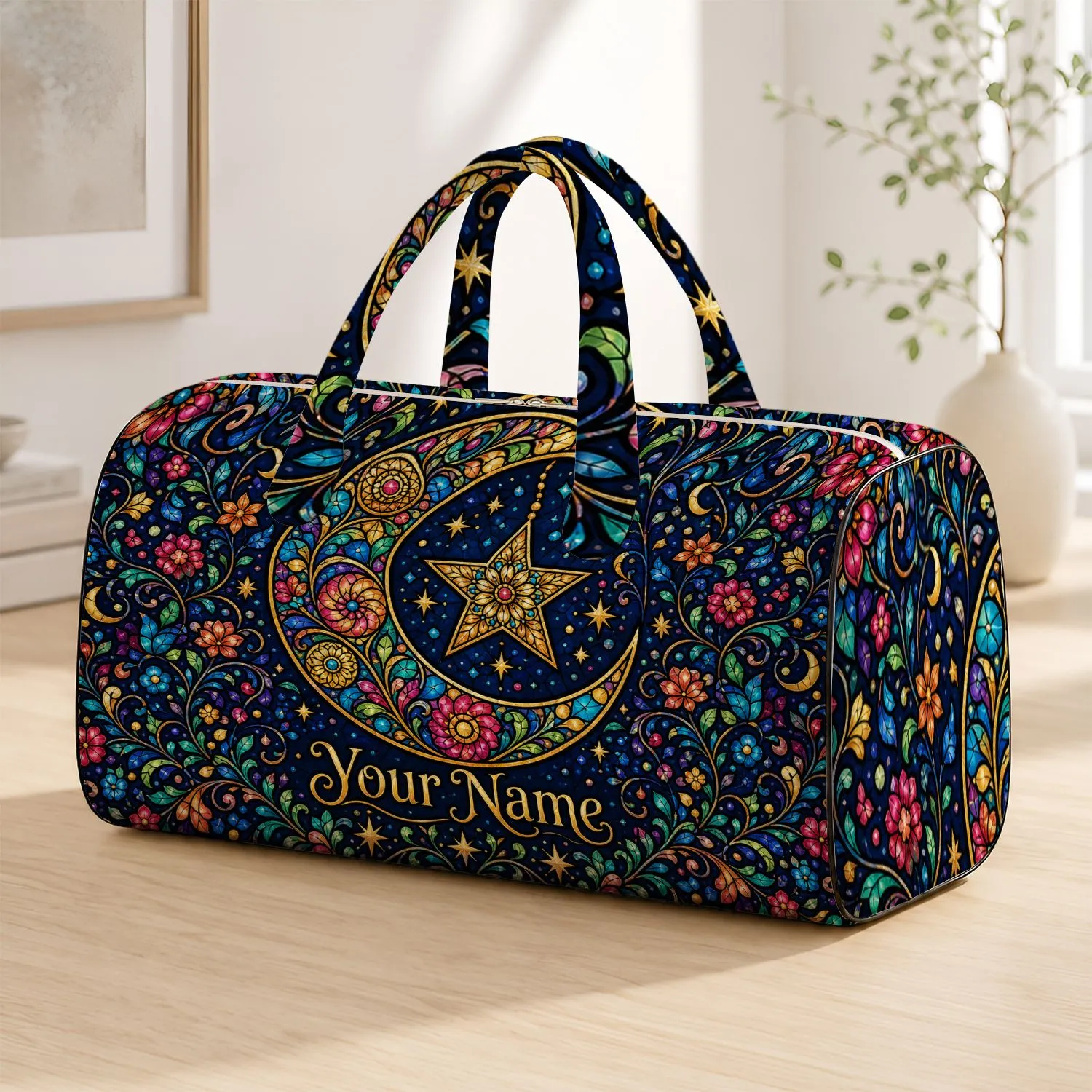 Floral Crescent Moon And Star For Travel, Overnight Trips And Gifts Quilted Weekend Bag - 1
