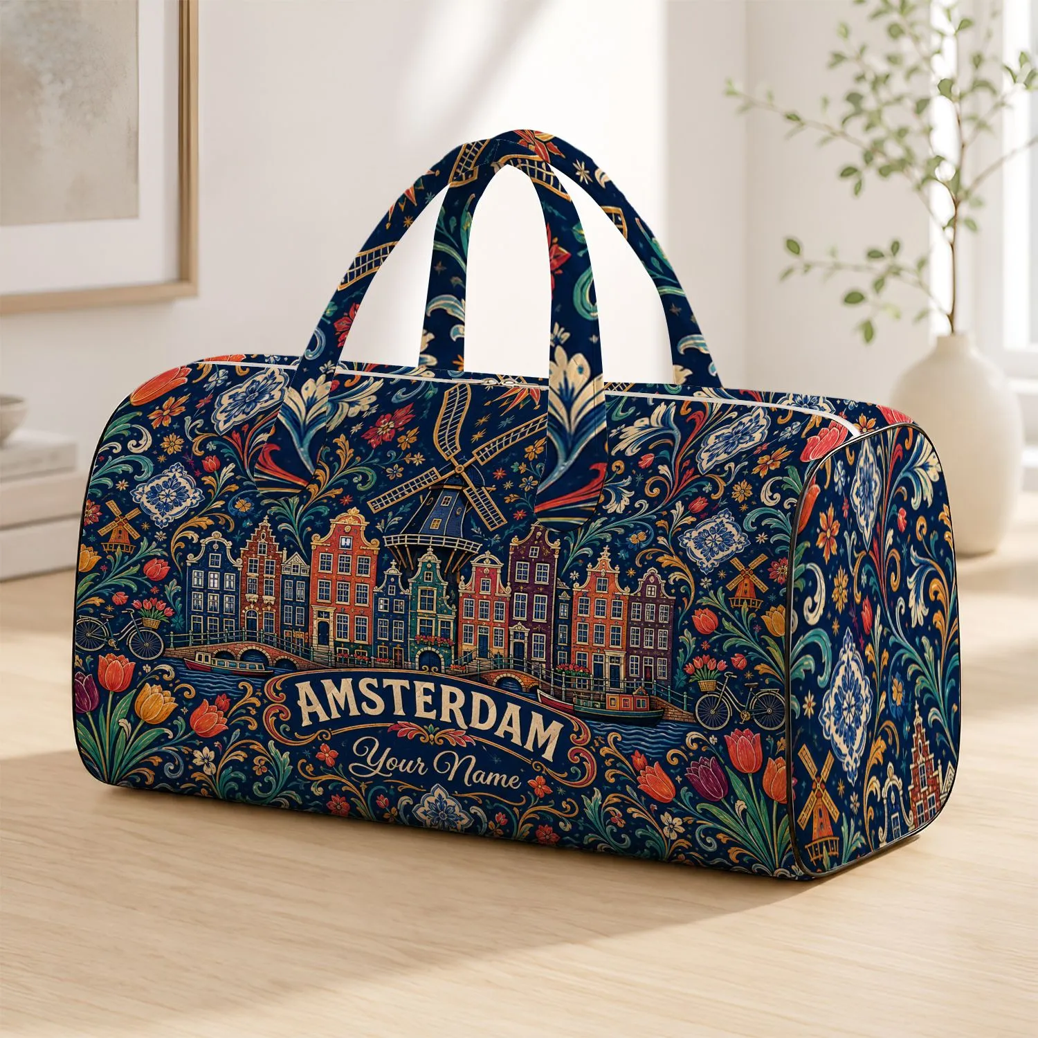 Amsterdam Canal Houses Windmill For Dutch Travel Lovers And City Break Adventures Quilted Weekend Bag - 1
