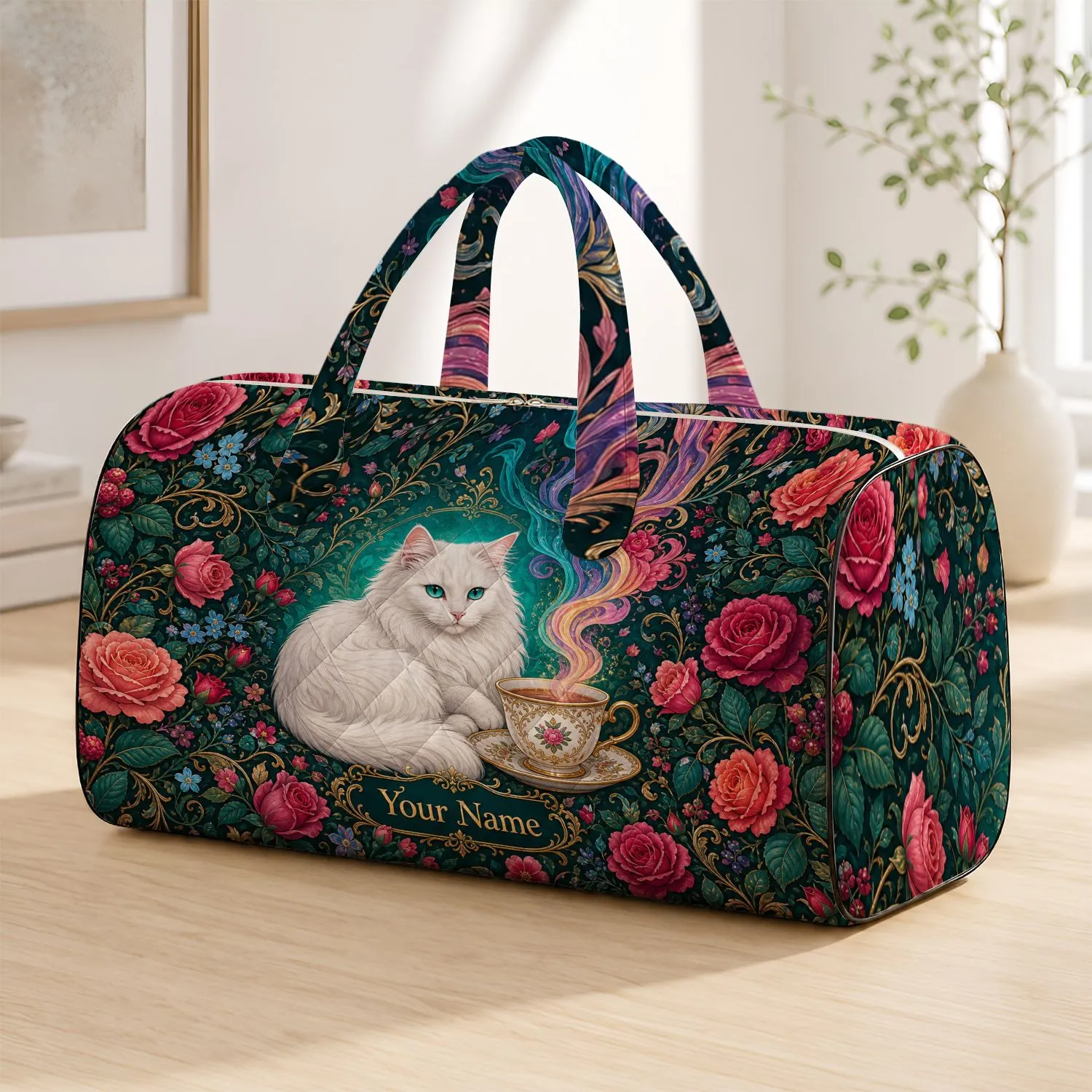White Cat Teacup Floral Garden For Tea Lovers And Cottagecore Getaways And Travel Quilted Weekend Bag - 1