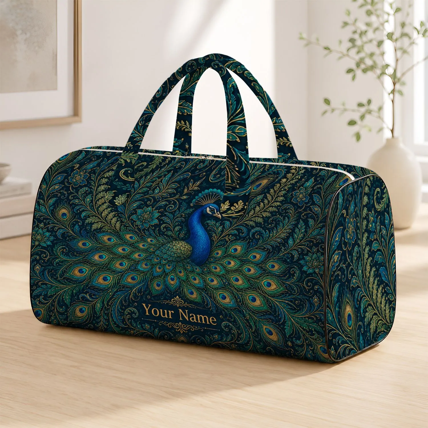 Opulent Peacock With Jewel Feather Fans For Overnight Travel, Getaways And Gift Giving Quilted Weekend Bag - 1