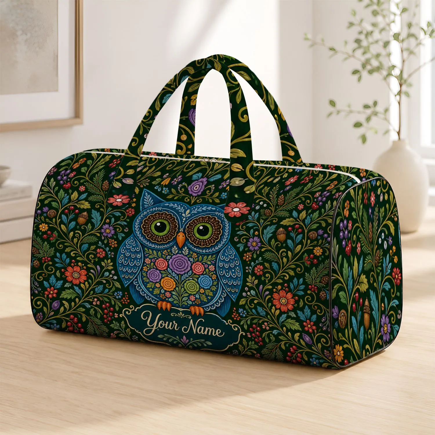 Floral Blue Owl Overnight Travel Gift For Nature Lovers And Folk Art Enthusiasts Quilted Weekend Bag - 1