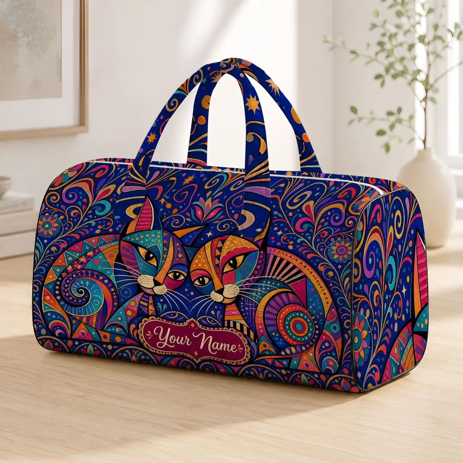 Colorful Abstract Cat Duo For Travel Getaways, Gifts And Cat Lovers With Name Plaque Quilted Weekend Bag - 1
