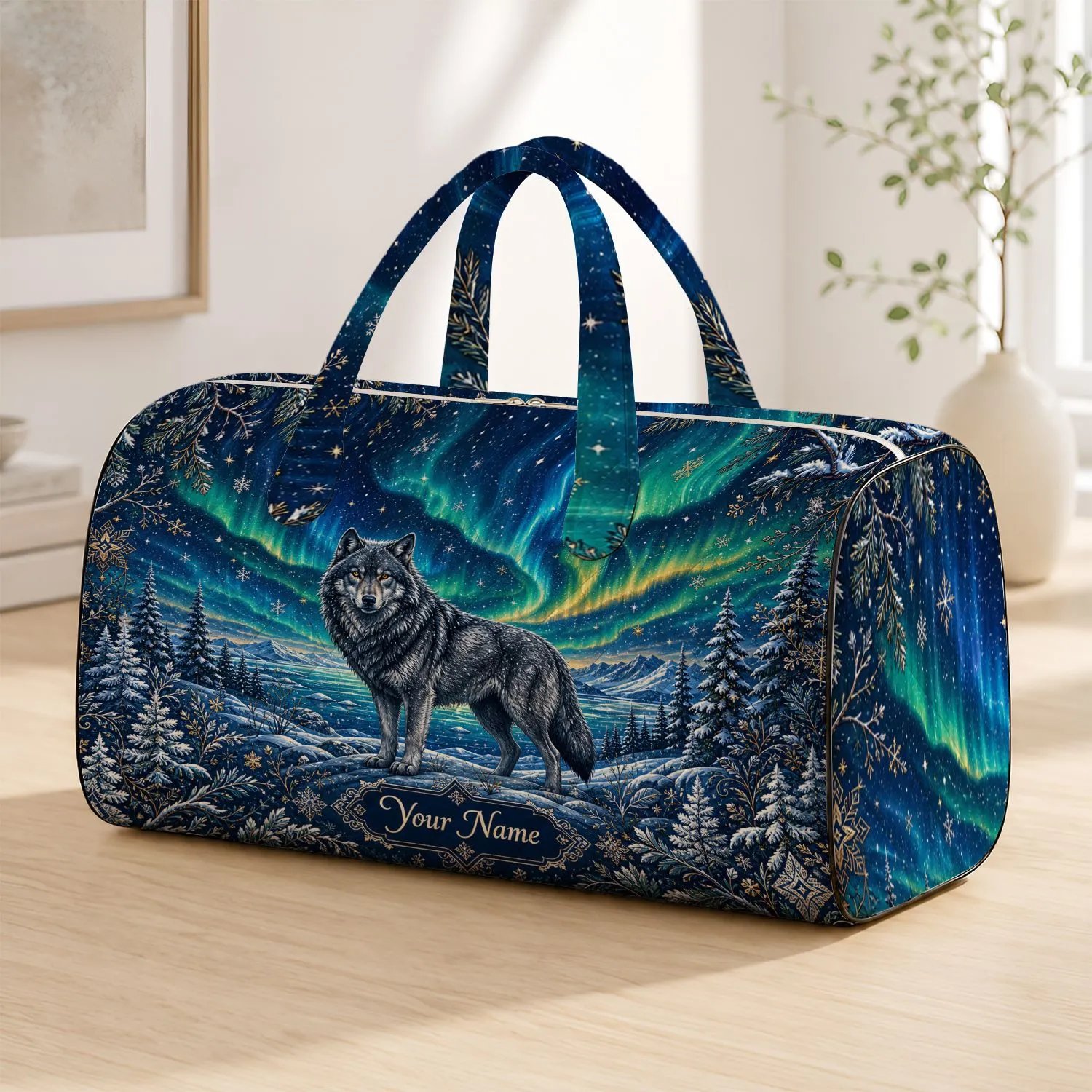 Aurora Wolf Nordic Pine Forest For Winter Travel And Outdoor Nature Lover Getaways Quilted Weekend Bag - 1